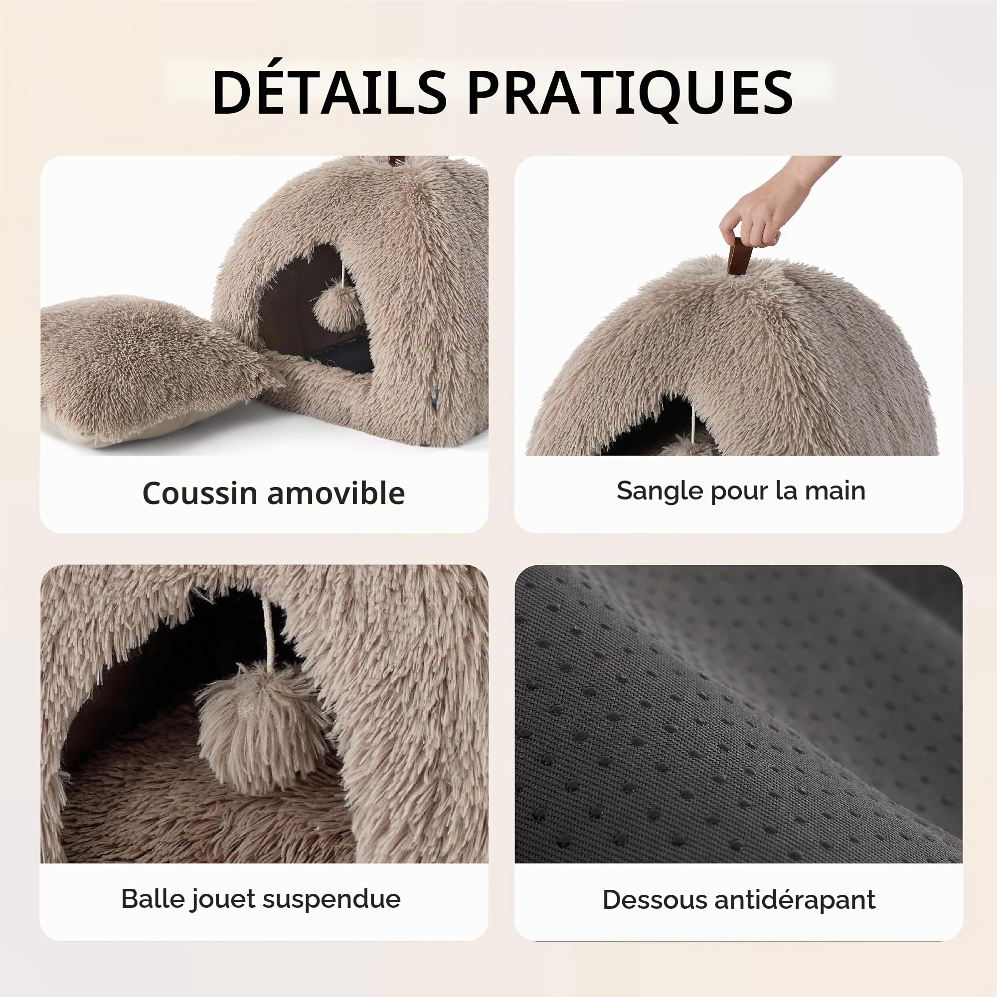 Bedsure Lit Grotte Chat Igloo - Maison Chat Moelleuse, 40x40cm | Coussin Amovible Lavable, Lit Animal Pliable Portable, Peluche Douce, Camel