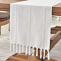 Wracra Rustic Farmhouse Linen Table Runner 13x72 Inch Embroidered with Hand-Tassels White - Boho Dining Decor