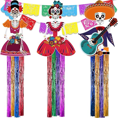 TaoBary Juego de 15 decoraciones del Día de los Muertos de 34 pulgadas, decoración colgante de calavera de azúcar de 16.4 pies, pancartas de papel