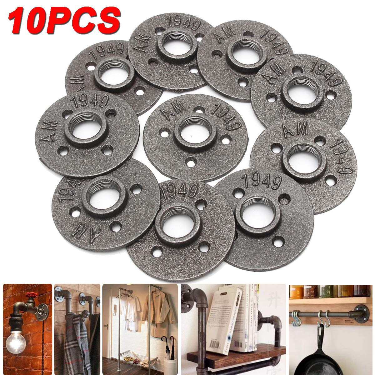 KingLan 10 Piezas 3/4 Inchs Brida Negra Dn20 Brida De Cuatro Agujeros Tubería De Hierro Instalación De Piso Plomería Brida Roscada