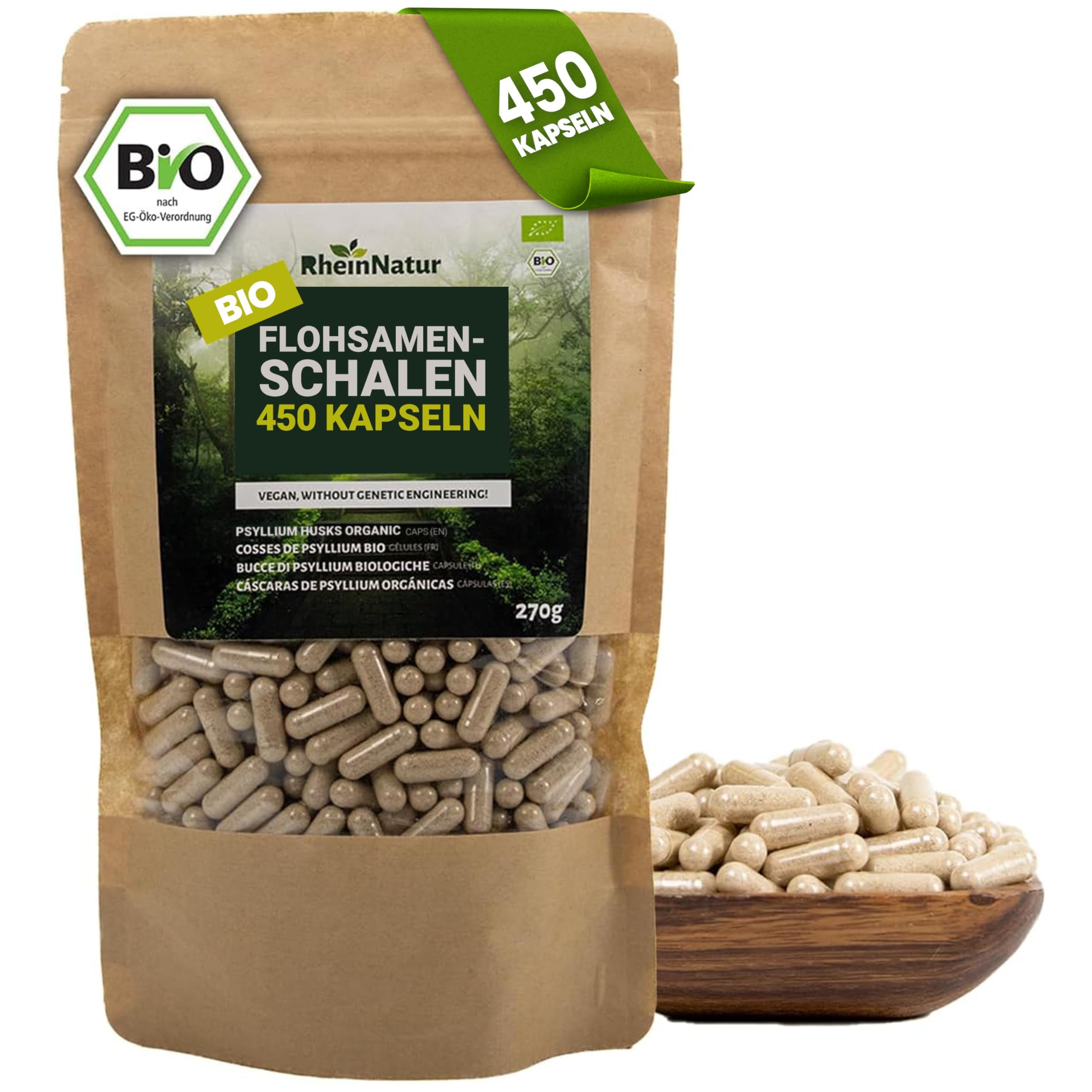 RheinNatur Bio Flohsamenschalen Kapseln - 450 Stk hochdosiert (3.000 mg je Portion) - Hergestellt in DE - Psyllium Husk Ballaststoffe – Flohsamen Kapseln