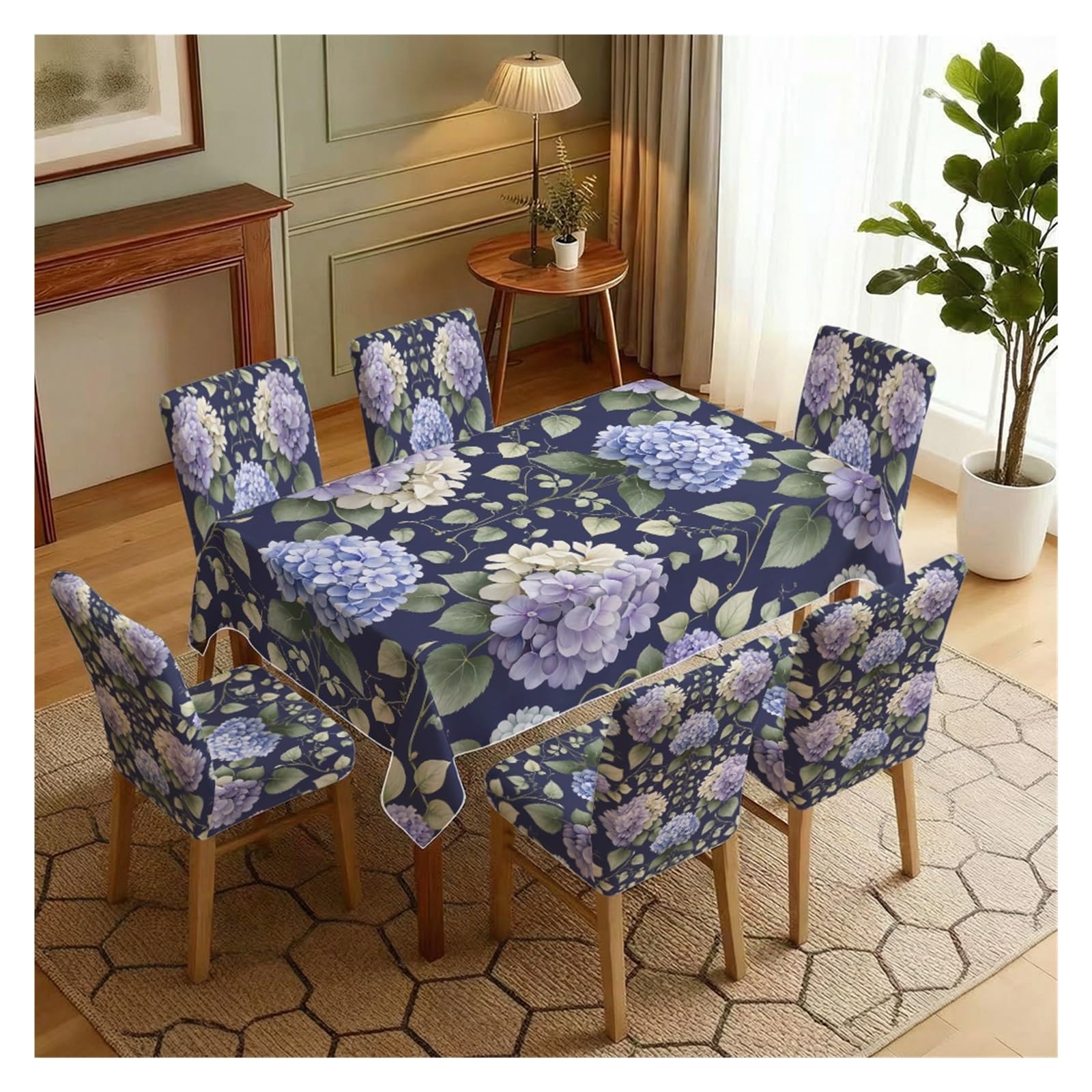 BOSUYBN Dark Blue Hydrangea Floral Printed Dining Tablecloth & Chair Covers Set, 5/7 Piece Elegant Romantic Vintage Home Decor Table Setting(7pcs Set: Tablecloth+Chair Covers)