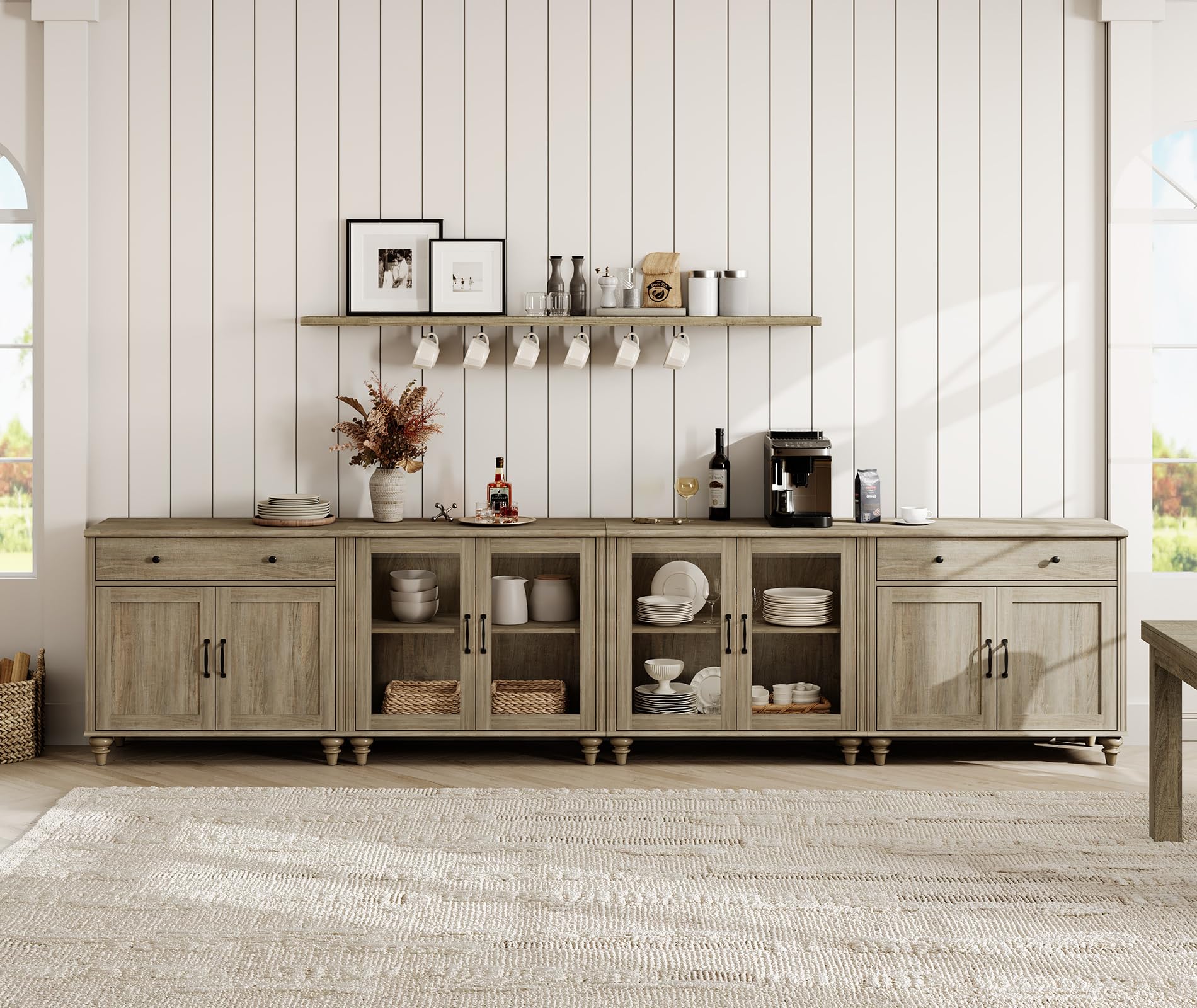 WAMPAT Sideboard Cabinet with 4 Glass Doors, 4 Wood Doors and 2 Drawers, Vintage Wood Grain Design, 4-in-1Buffet Cabinet with Storage, Coffee Bar for Dinning Room, Kitchen,and Living Room, Wash Grey