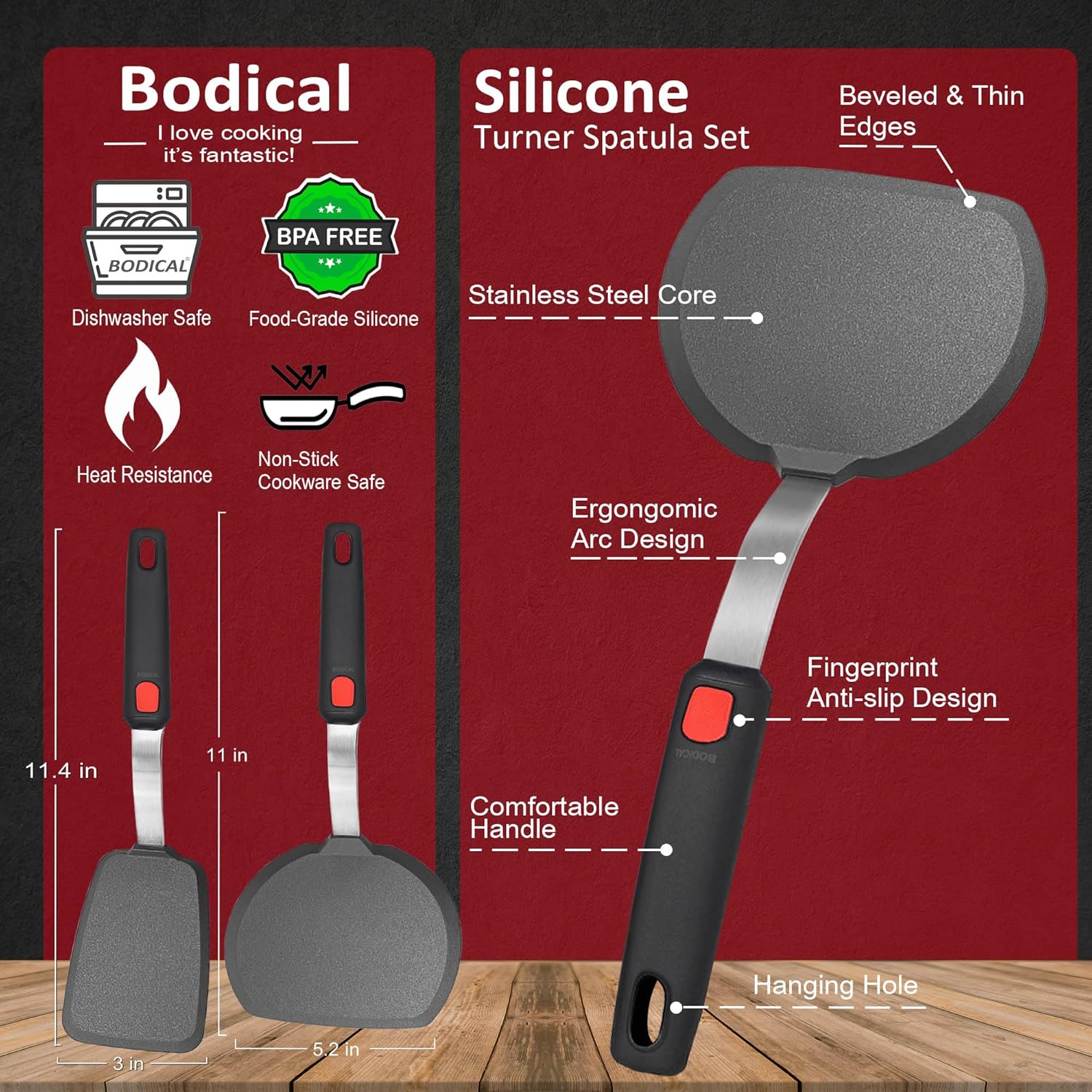 Silicone Pancake Spatula Turner Set of 2, 600°F Heat Resistant Cooking Spatulas for Nonstick Cookware, Large Kitchen Utensils BPA Free Rubber Spatula Set for Egg, Pancake, Fish, Burger - Image 2