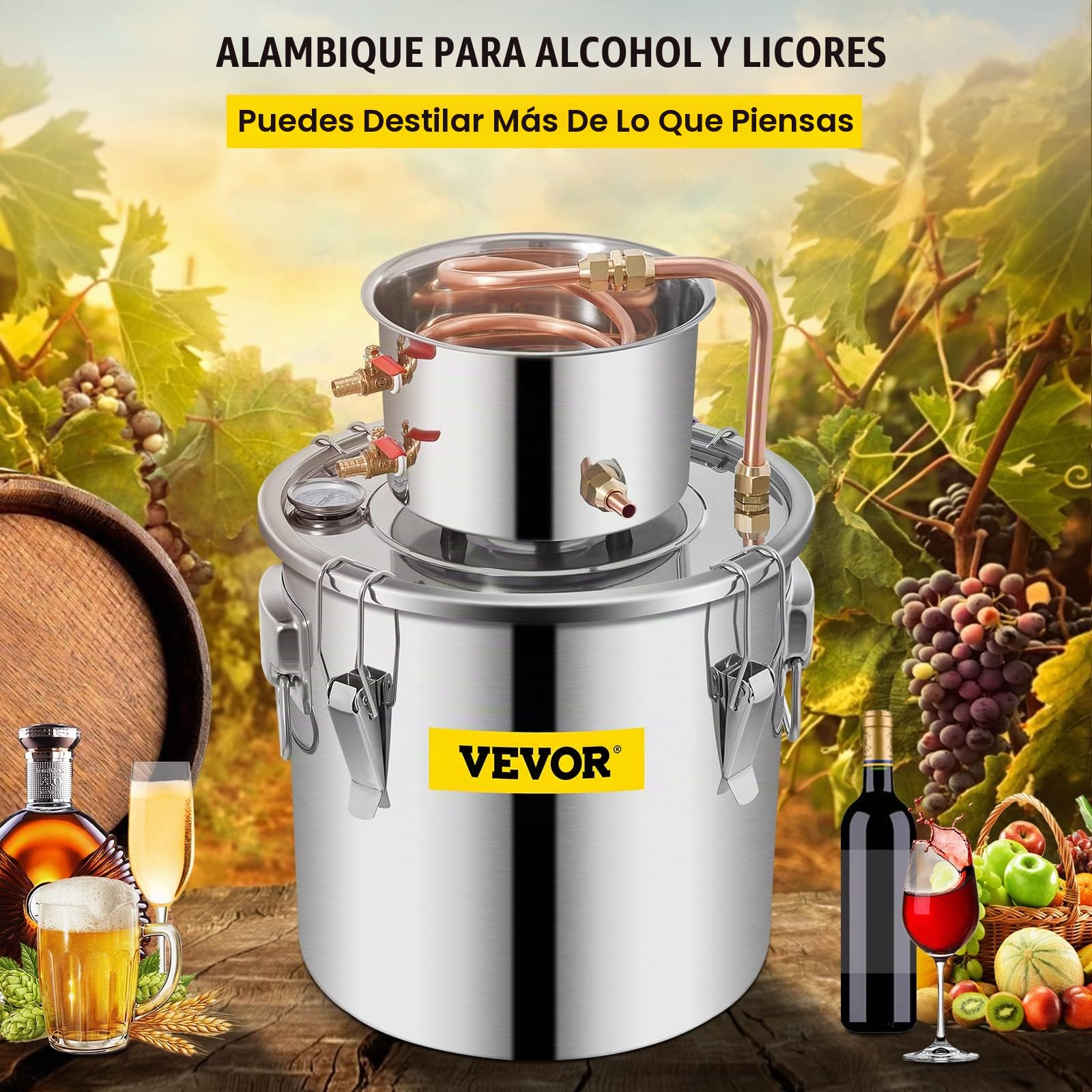 VEVOR Destilador de Alcohol de Agua 11,4 L Kit de Destilación con Bomba de Circulación, Tubo de Cobre para Alambique de Alcohol con Termómetro Incorporado para Whisky, Alcohol DIY, Acero Inoxidable