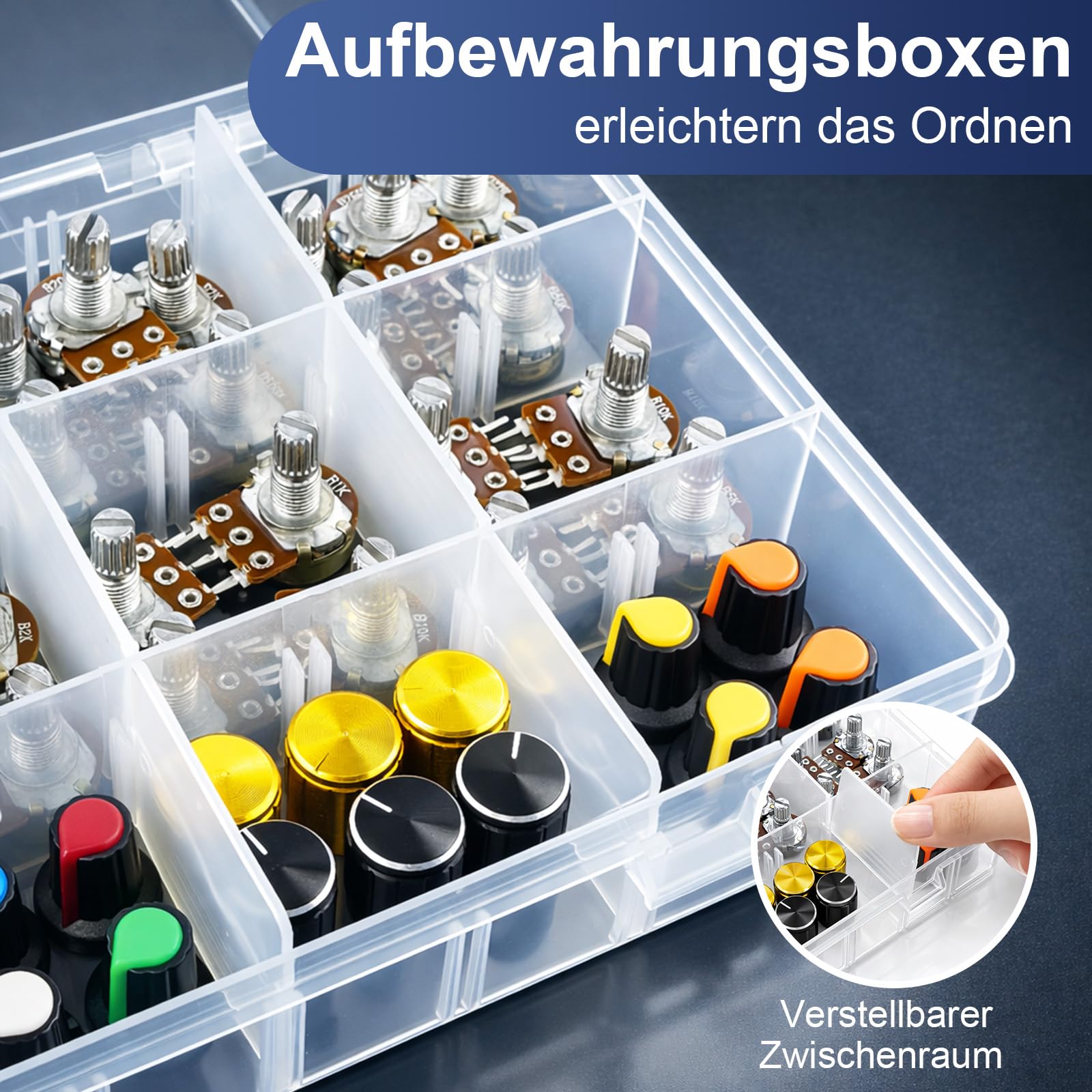111Stück Potentiometer Kit, Potentiometer Mono Linear B1K B5K B10K B20K B50K B100K B250K B500K B1M Ohm WH148 Drehpotentiometer, 3 Klemmen B Typ Einzelpotentiometer mit Muttern, Unterlegscheibe, Knopf