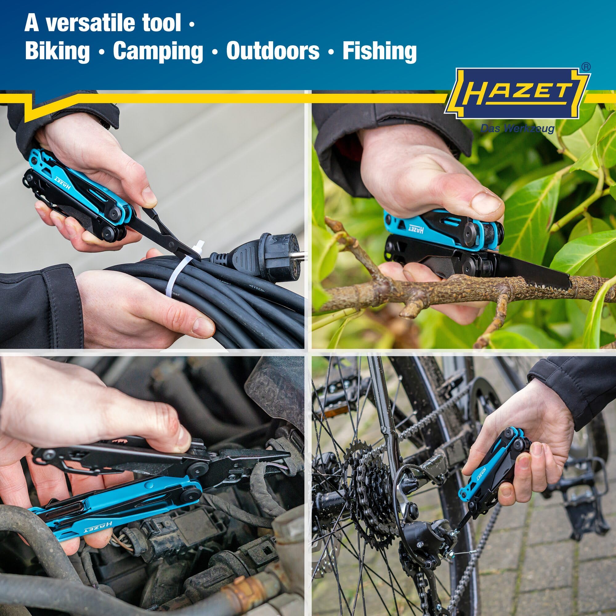 HAZET Multitool 2159-1, 13-en-1, acier inoxydable, avec pince à bec effilé, couteau, scie, tournevis, clé hexagonale, ciseaux, clip de ceinture, y compris étui de ceinture robuste