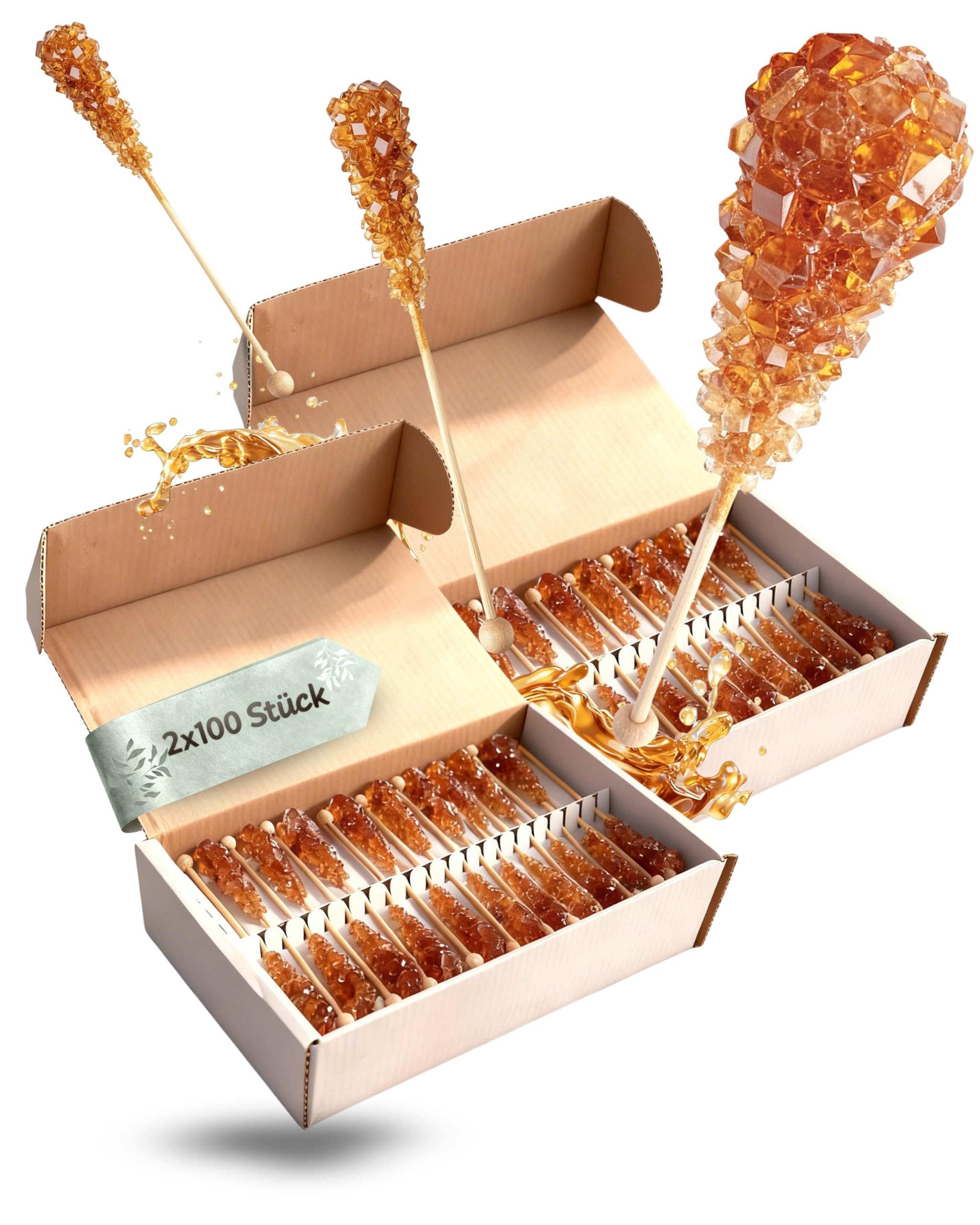 Premium Kandissticks 200 Stück | Teezucker am Stiel - Kandiszucker Stäbchen