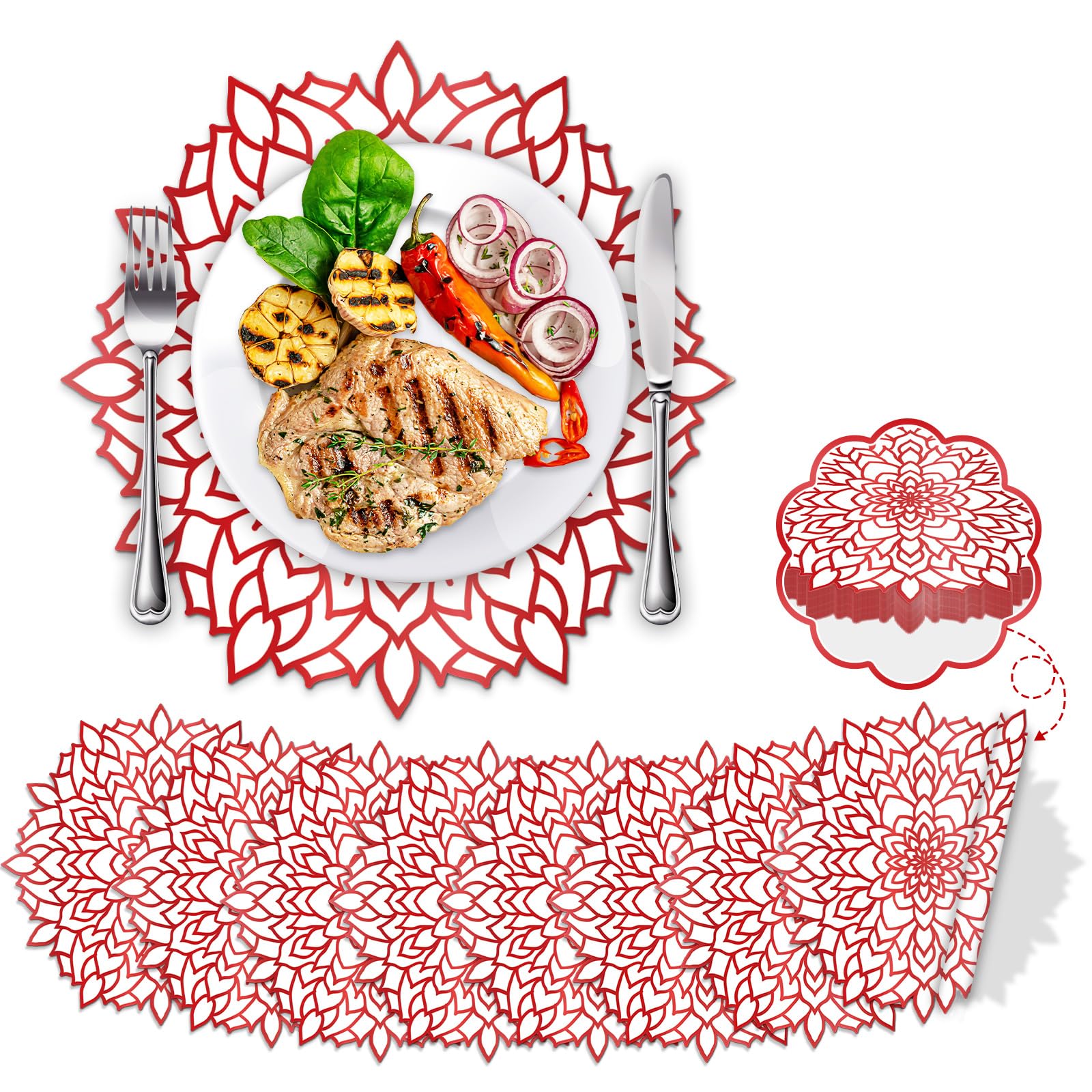 50PCS Disposable Red Metallic Round Paper Placemats Round Floral Charger Table Mat Table Setting Mat Pressed Paper Round Place Mat for Christmas Wedding Birthday Party Table Decor Supplies