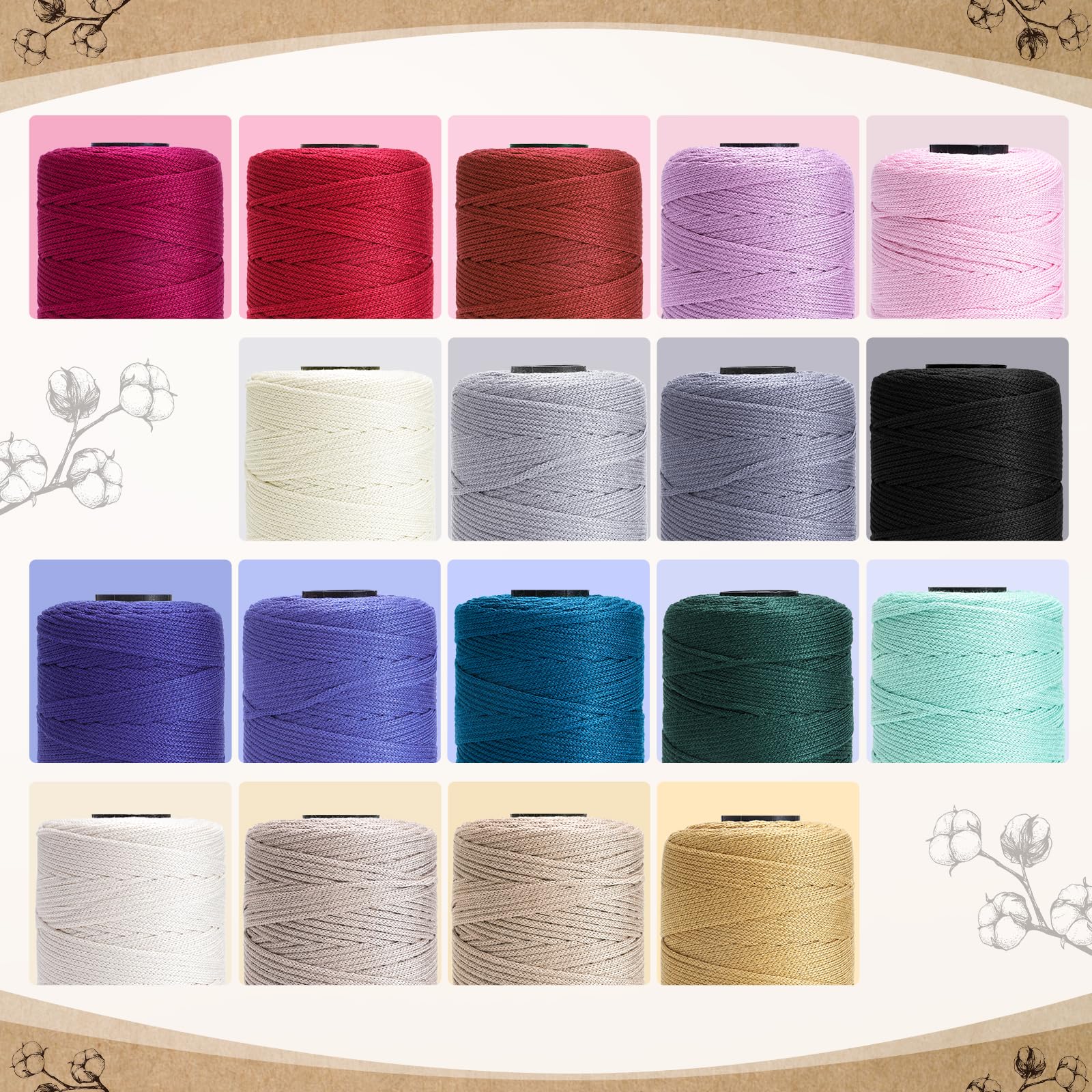 Renyiz Przędza do makramy 2,5 mm, 2 x 250 g, przędza bawełniana z 3 mm, do szydełkowania, do torebek i projektów rzemieślniczych, odpowiednia dla początkujących Cotton Yarn