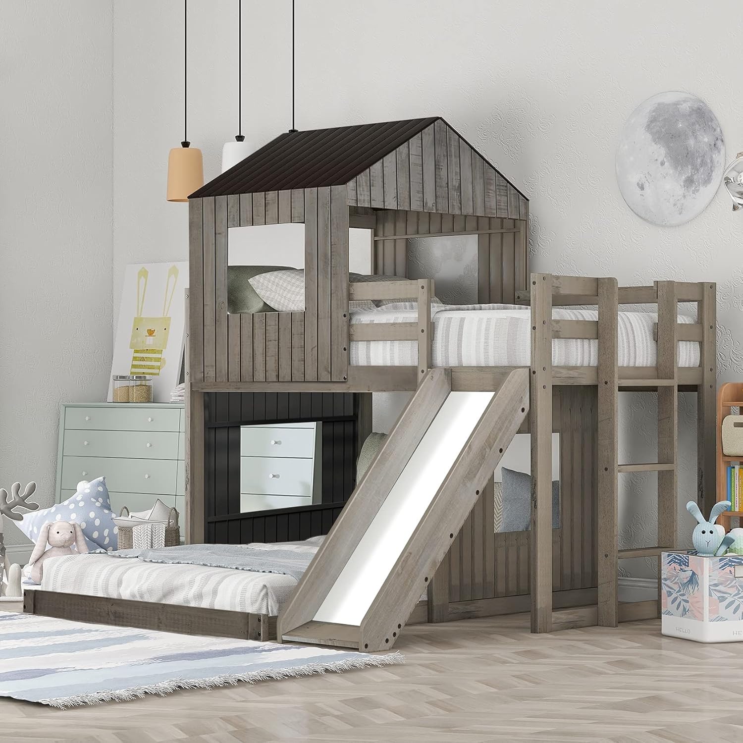 Merax House Shaped Solid Wood Bunk Bed with Roof, Window