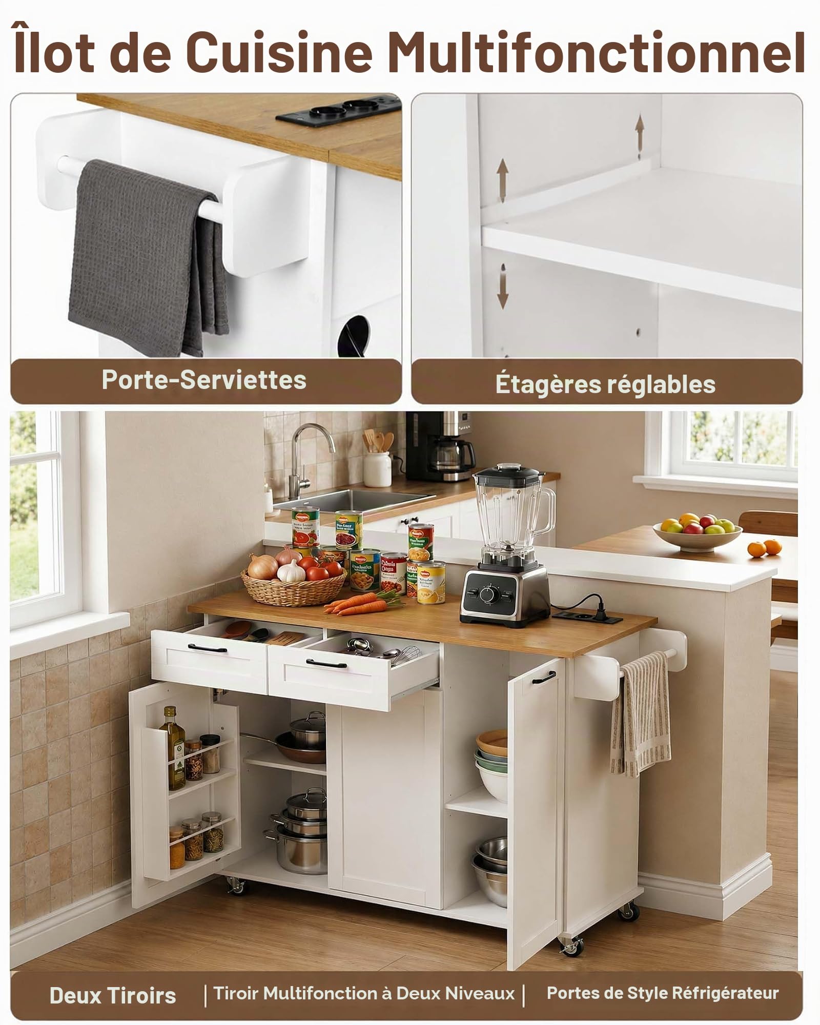 Îlot de Cuisine avec Prise et Plan de Travail Pliable Meuble Cuisine avec roulettes Buffet Cuisine avec Rangement 2 tiroirs et 2 Portes Blanc/chêne 120 x 74 x 94,5 cm