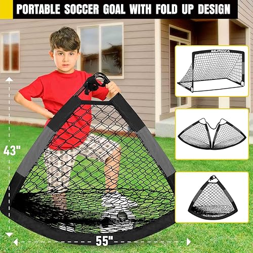 Miniatura 6 de Juego de porterías de fútbol para niños para patio trasero, paquete de 2 redes de fútbol portátiles desplegables con pelota de fútbol, escalera de