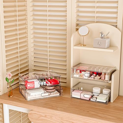 Miniatura 2 de Paquete de 2 cajones transparentes de almacenamiento de maquillaje, organizadores de baño apilables de 12 pulgadas de ancho y cajón de