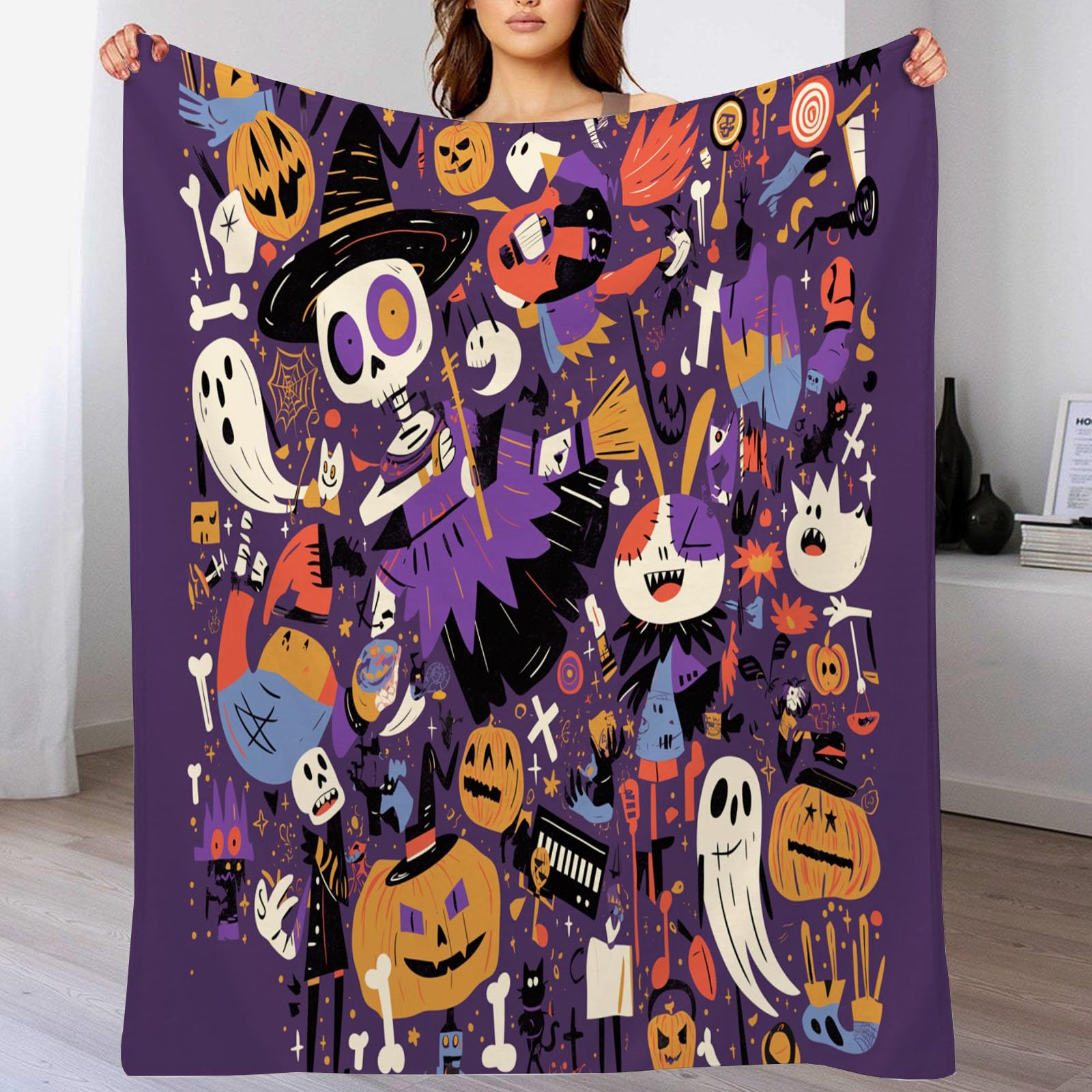Couverture de éléments d'Halloween douce en microfibre pour des soirées cocooning sur le canapé