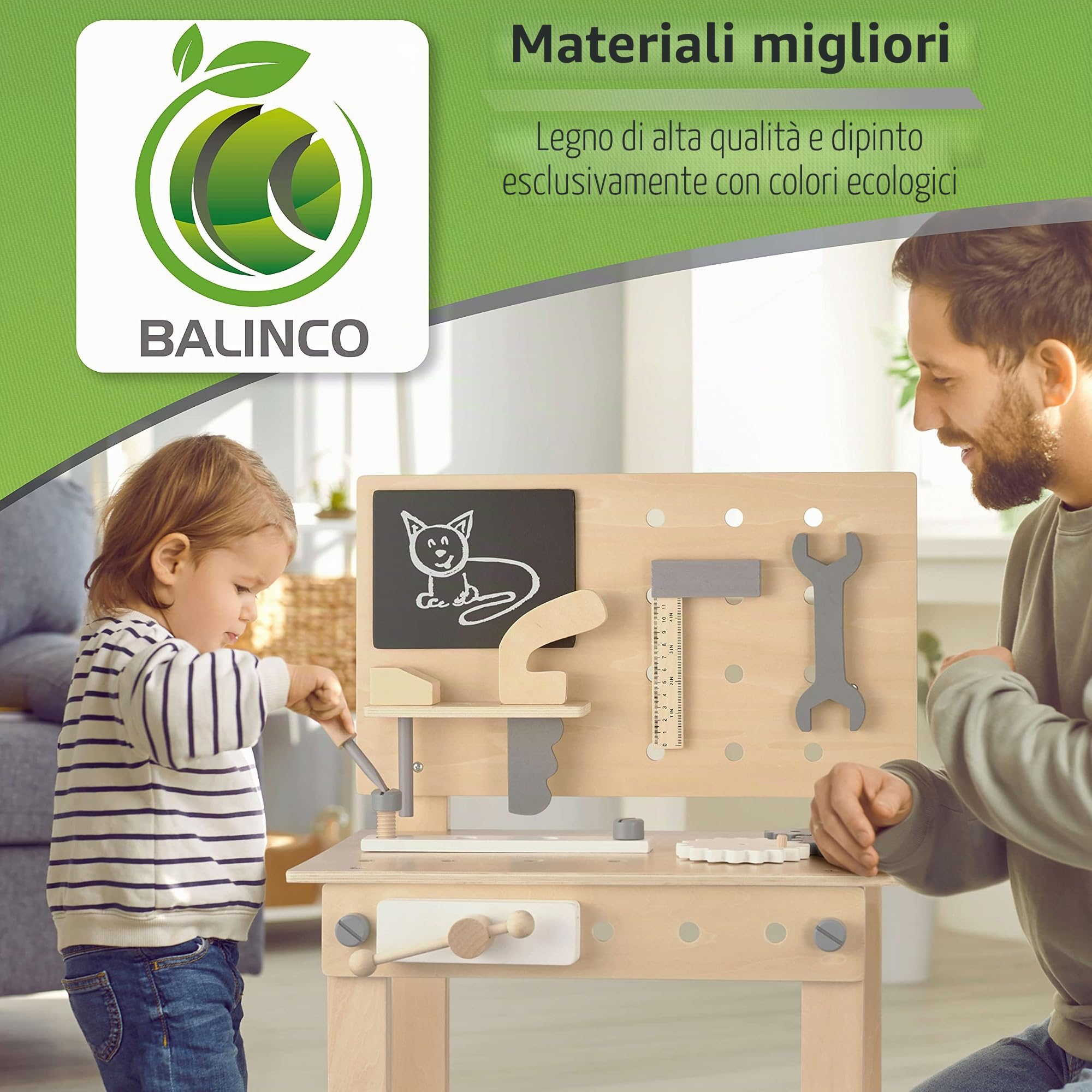 BALINCO Workbench Bambini in Legno, Laboratorio con Attrezzi per Bambini, Sega, Angolo, cacciavite, Ruote dentate, morsa, tavola, Accessori, Giocattoli in Legno a Partire da 3 Anni