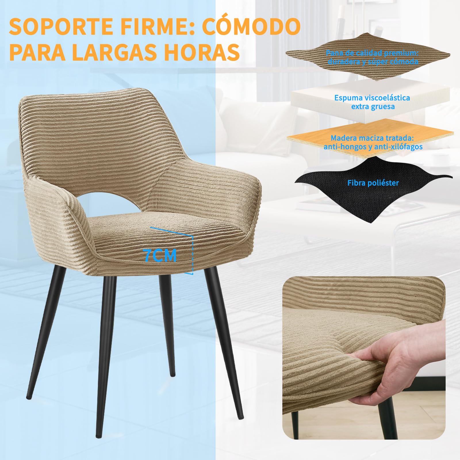 WAFTING Sillas de Cocina,Sillas Comedor Pack 6,Kaki | Patas Metálicas, con reposabrazos, Sillas Tocador,Sillas Salon,Son Sillas de Comedor Modernas, Sillón de Terciopelo