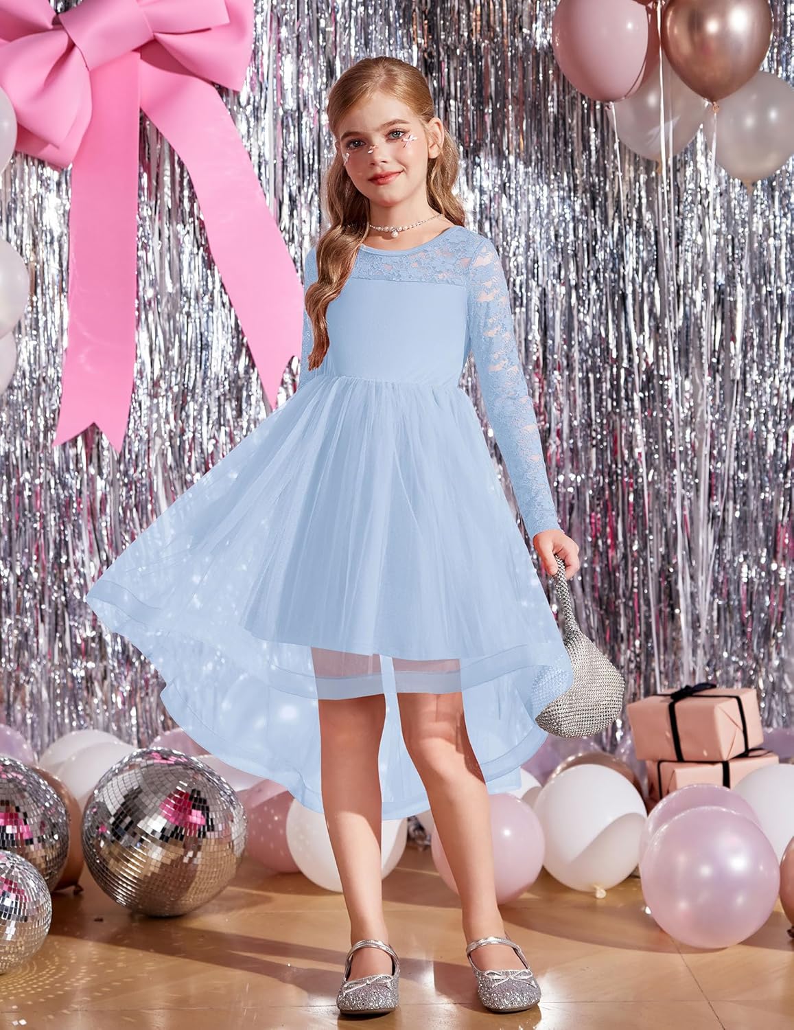 Arshiner Flower Girl Lace Tutu Dresses High Low Hem Long Sleeve Flowy Formal Party Wedding Dress - Image 6