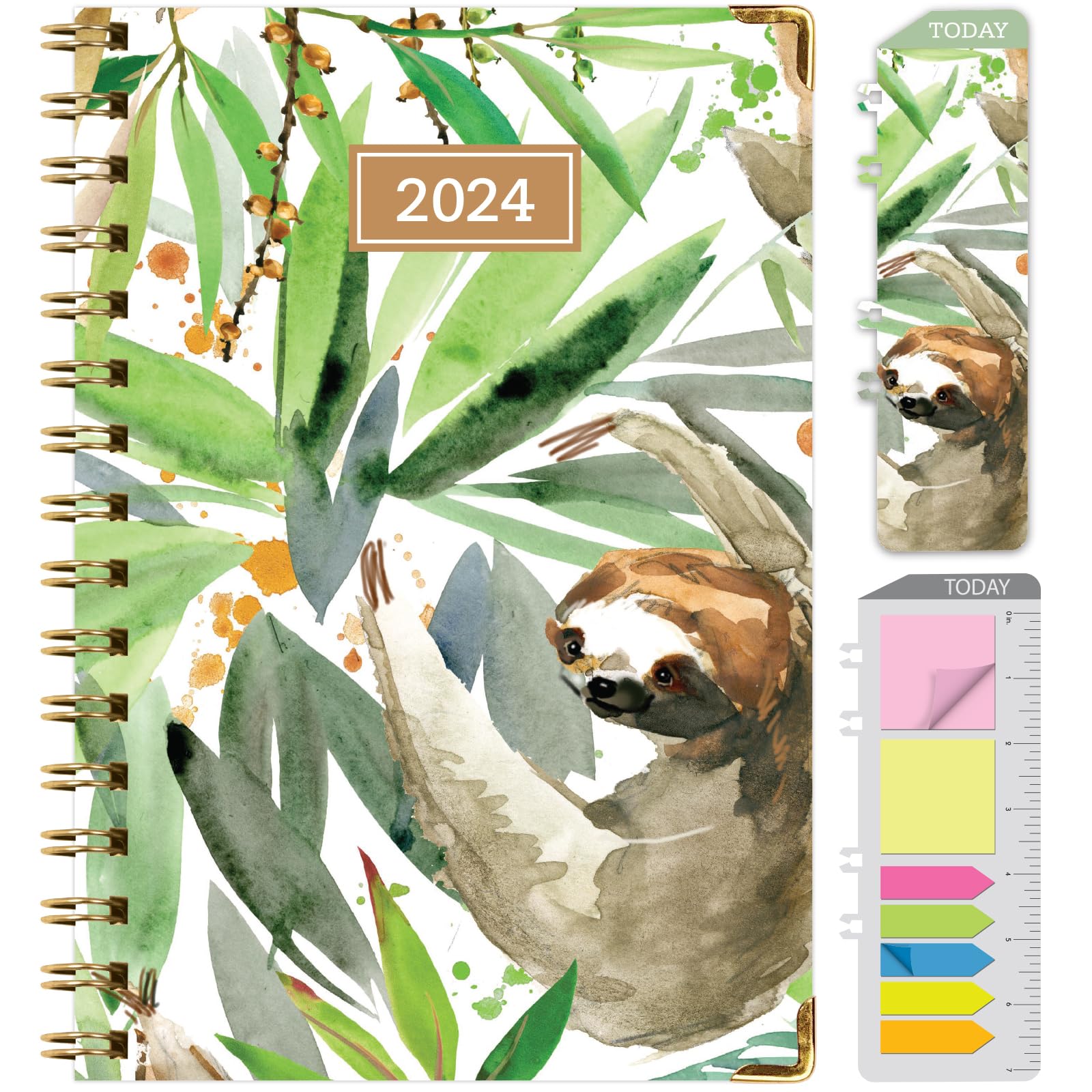 HARDCOVER 2024 Planner: (November 2023 Through December 2024) 5.5"x8" Daily Weekly Monthly Planner Yearly Agenda. Bookmark, Pocket Folder and Sticky Note Set (Sloth)