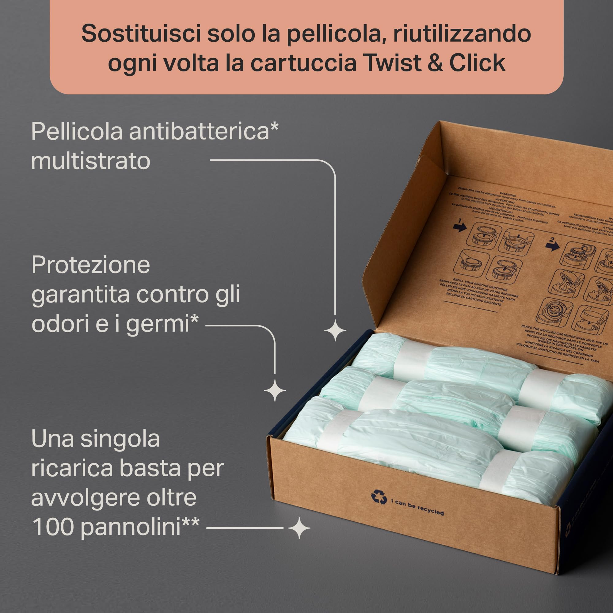 Tommee Tippee Ricariche per mangiapannolini Twist & Click, 12 ricariche di 10,5 metri l’una, pellicola antibatterica* multistrato, 12 X 10,5 m (la confezione può variare)