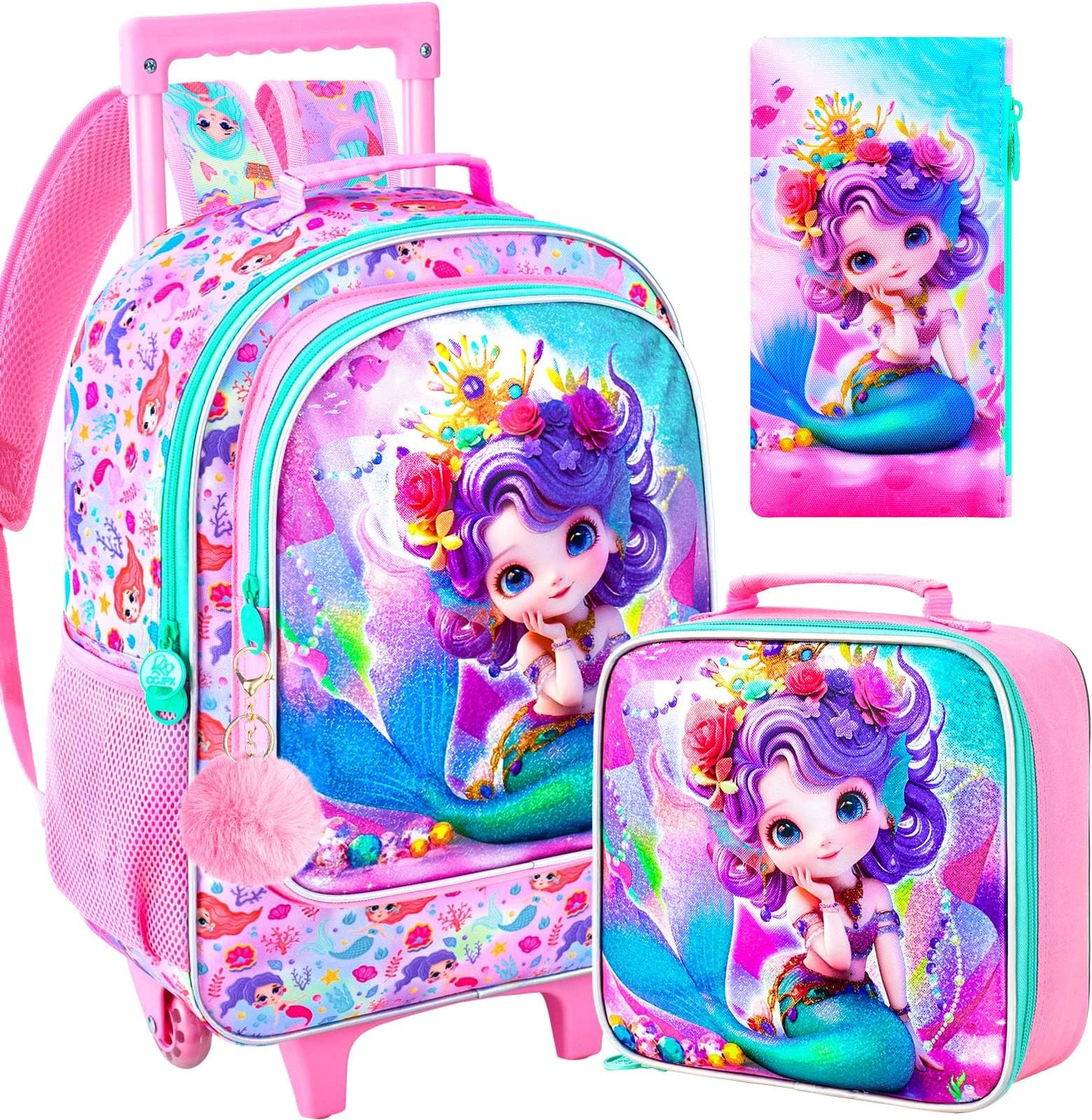 3Pcs Rolling Backpack for Girls, Kids Roller School Backpack with Wheels, Mermaid Wheeled Bookbag for Elementary Preschool Kindergarten(Pink)