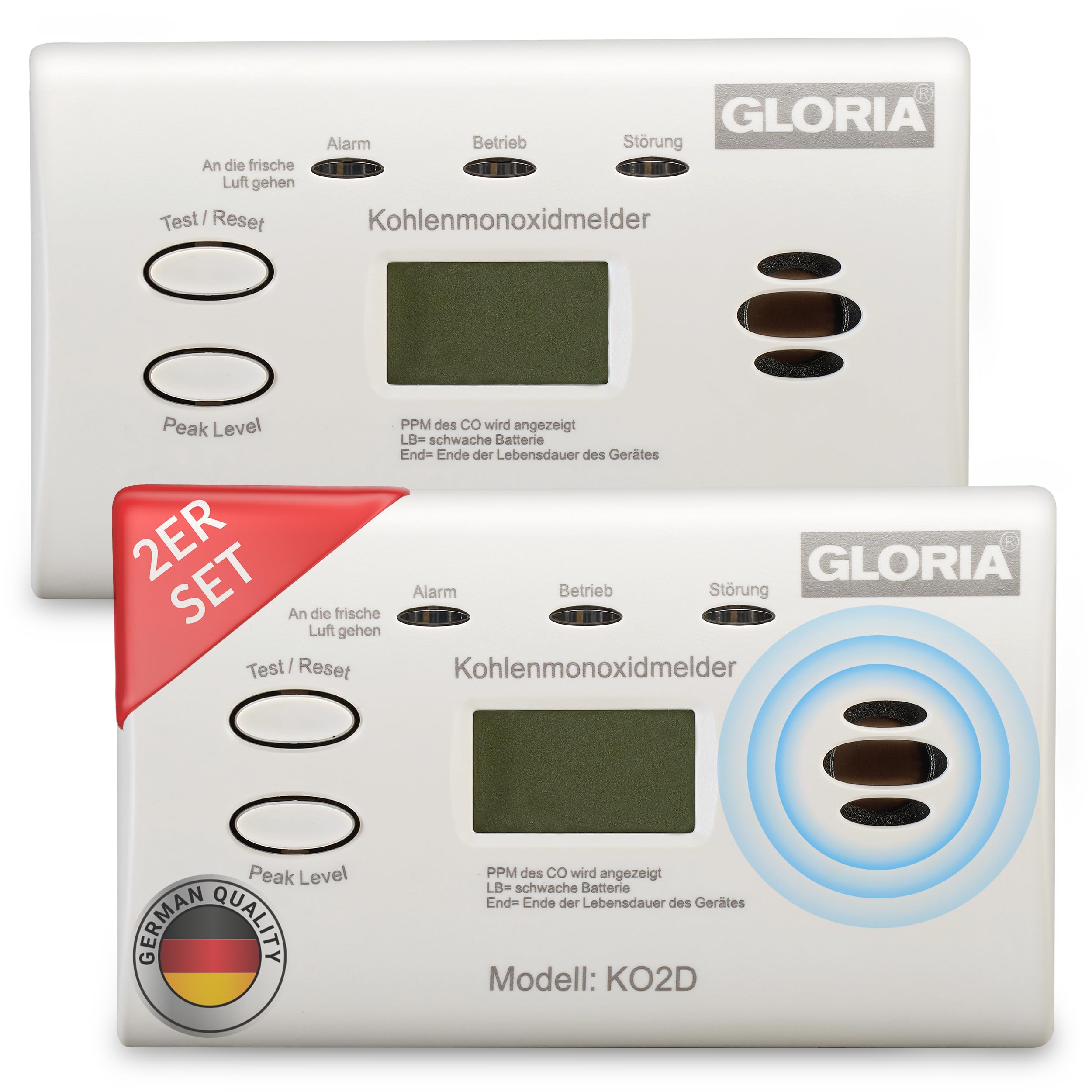 Gloria 2X KO2D Kohlenmonoxidmelder mit 10 Jahren Garantie und wechsebaren AA Batterien