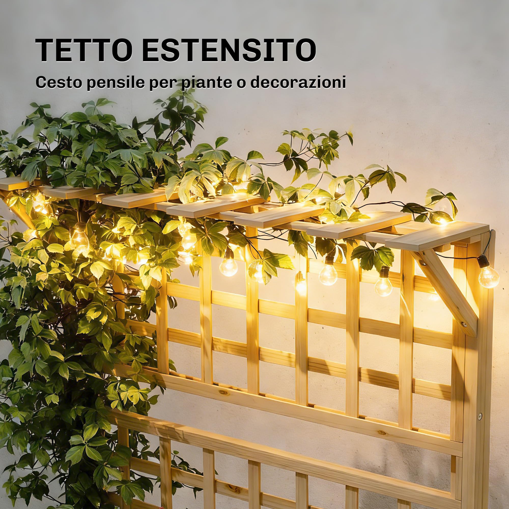 Outsunny Aiuola Rialzata in Legno con Traliccio e Tetto, Fioriera da Esterno Elevata con 2 Mensole, Foro di Drenaggio e Rivestimento per Piante Rampicanti, Verdure e Fiori, Naturale