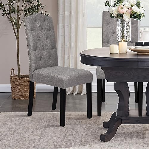 Miniatura 8 de S AFSTAR Juego de 4 sillas de comedor de tela, sillas de comedor tapizadas con patas de madera maciza y respaldo alto, sillas Parsons copetudas,