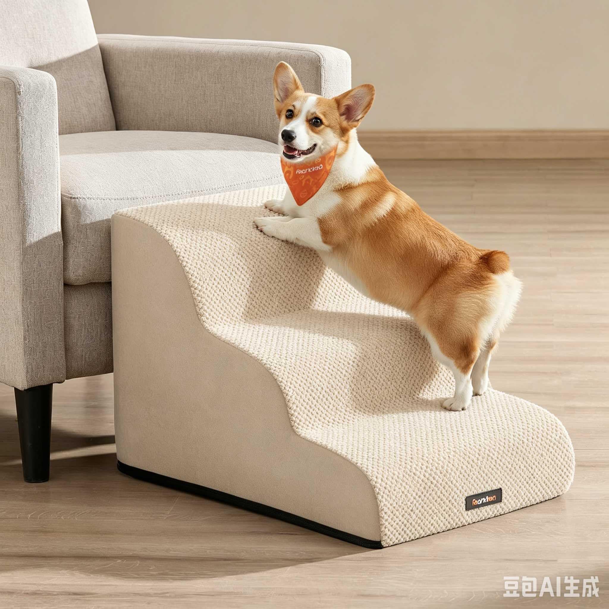 Feandrea 3-Step Dog Stairs, Waffle-Patterned Corduroy, Waterproof Dog Steps