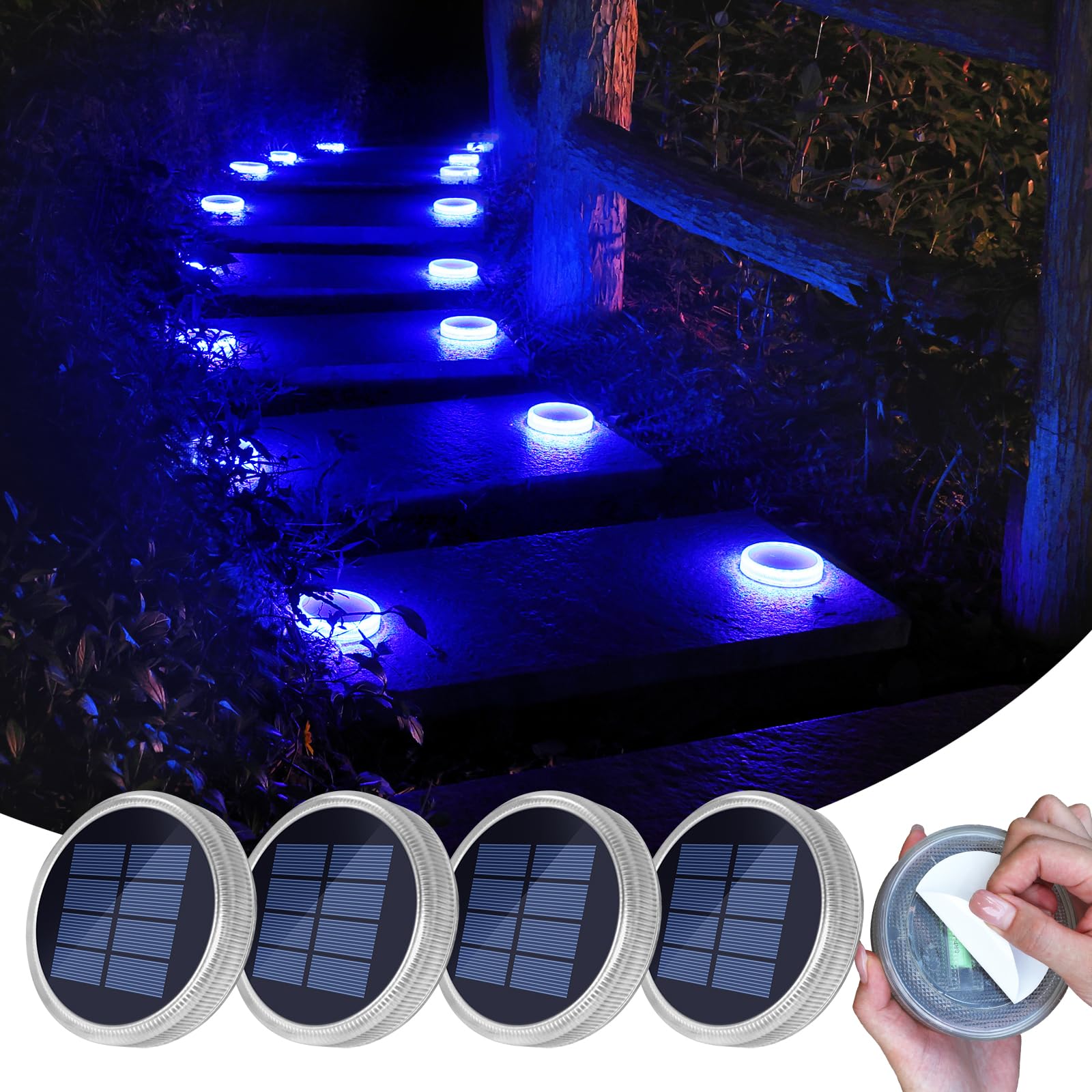 YiLaie Blue Solar Dock Lights Outdoor Waterproof Stick on Boat Deck Step Driveway Lights Solar Powered for Outside Warning Garden Patio Front Stairs Concrete Pathway Walkway (4 Pack)