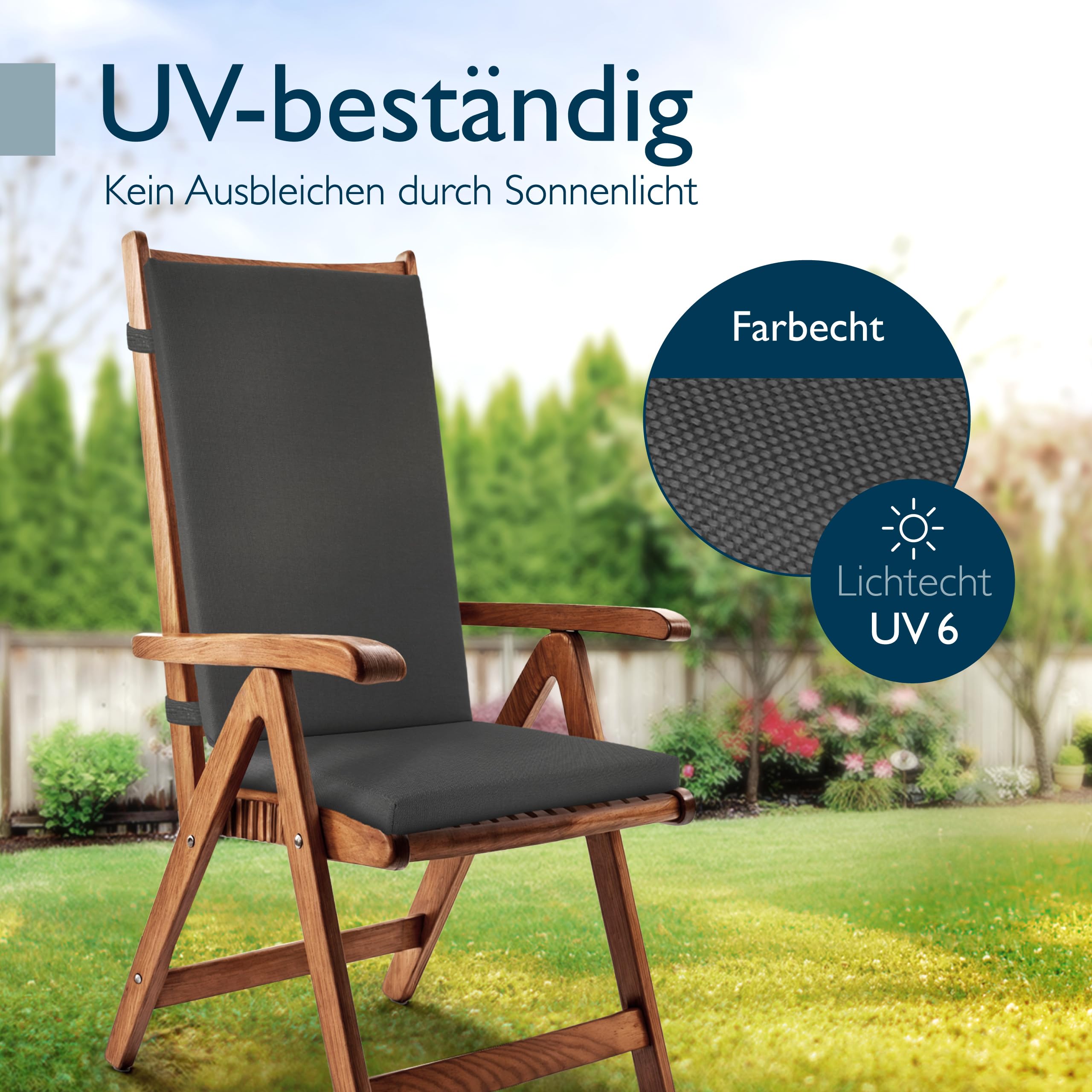 Beautissu 4er Set Premium Hochlehner Auflage 100% Wasserdicht Pflegeleicht | 120x50cm Anthrazit UV-beständig Bequem Waschbar Sitzkissen Gartenstuhl Polsterauflage Gartenmöbel Stuhlauflage Quick Dry