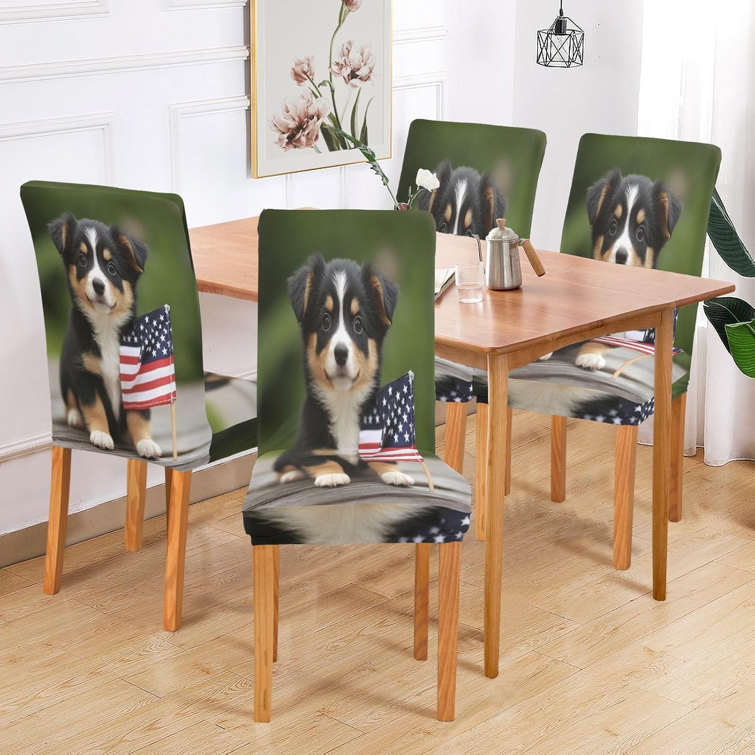 ALAZA Chair Covers for Dining Room, Cute Puppy Dog American Flag Stretch Chair Cover Sets Chair Protector Removable Washable for Ktichen Restaurant Hotel