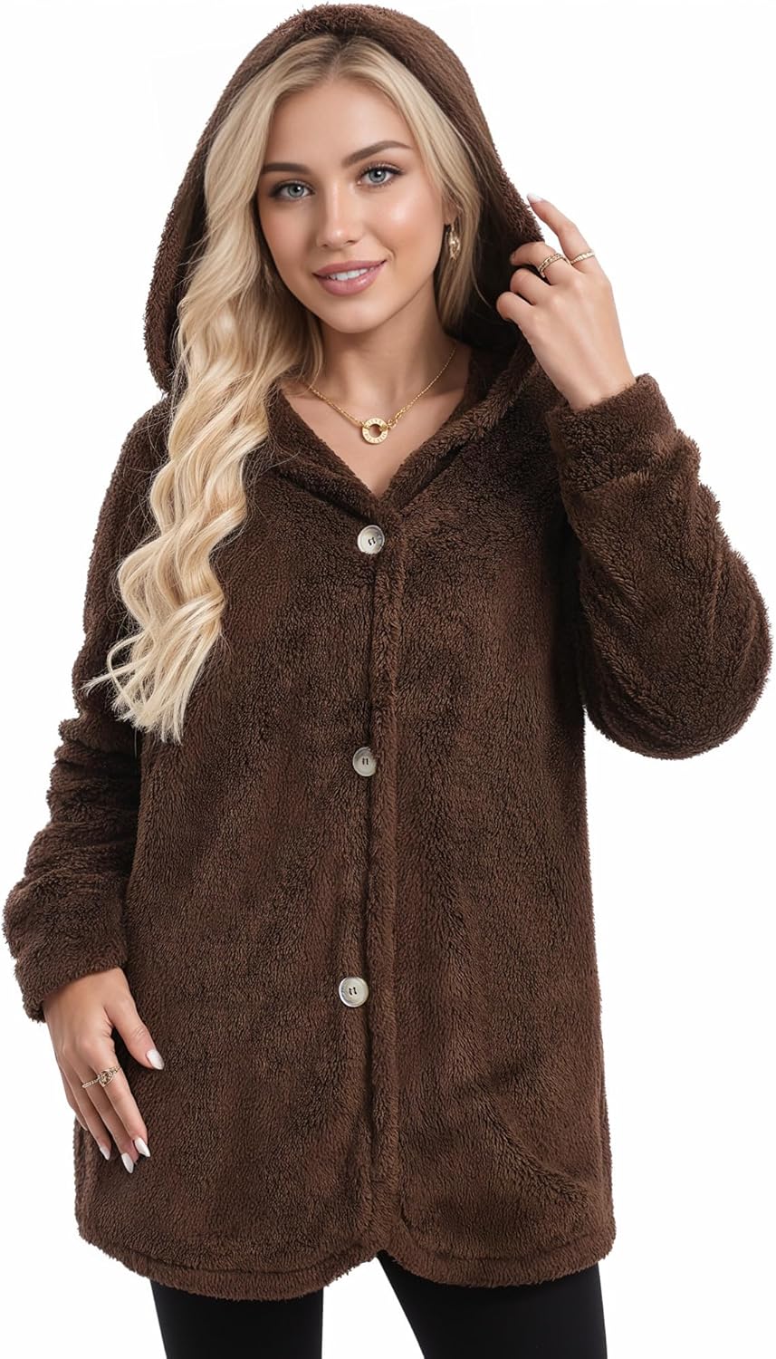 MANGOPOP Womens Fleece Jacket 2025 Winter Oversized Fuzzy Hooded Coat Button Cardigan Sherpa Sweaters Outerwear with Pockets - Image 4