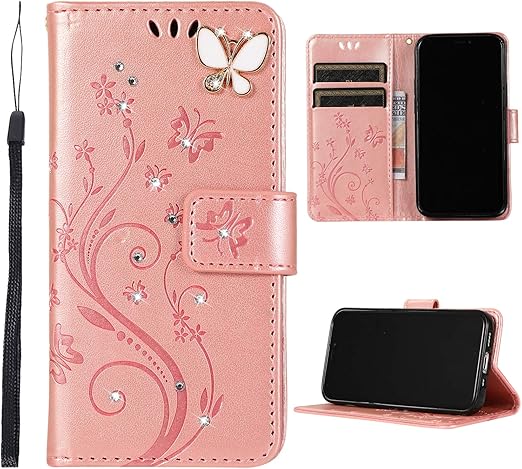 Amazon Com Felico Compatible With Iphone 12 Pro Max Case Handmade Bling Rhinestone Wallet Flip Case Emboss Butterfly Flower Pu Leather Magnetic Protective Kickstand Card Slots Cover 6 7 Inch Rose Gold Cell Phones