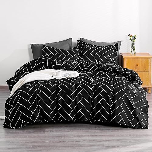 NTBAY Microfiber Queen Duvet Cover Set, 3 Pieces Ultra Soft Brick Printed Comforter Cover Set with Zipper Closure and Corner Ties, Black