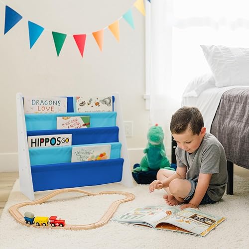 Miniatura 86 de Wildkin Estantería de madera para niños, diseño de lona premium con 4 estantes de tela, organizador para el hogar o el aula, natural con aguamarina