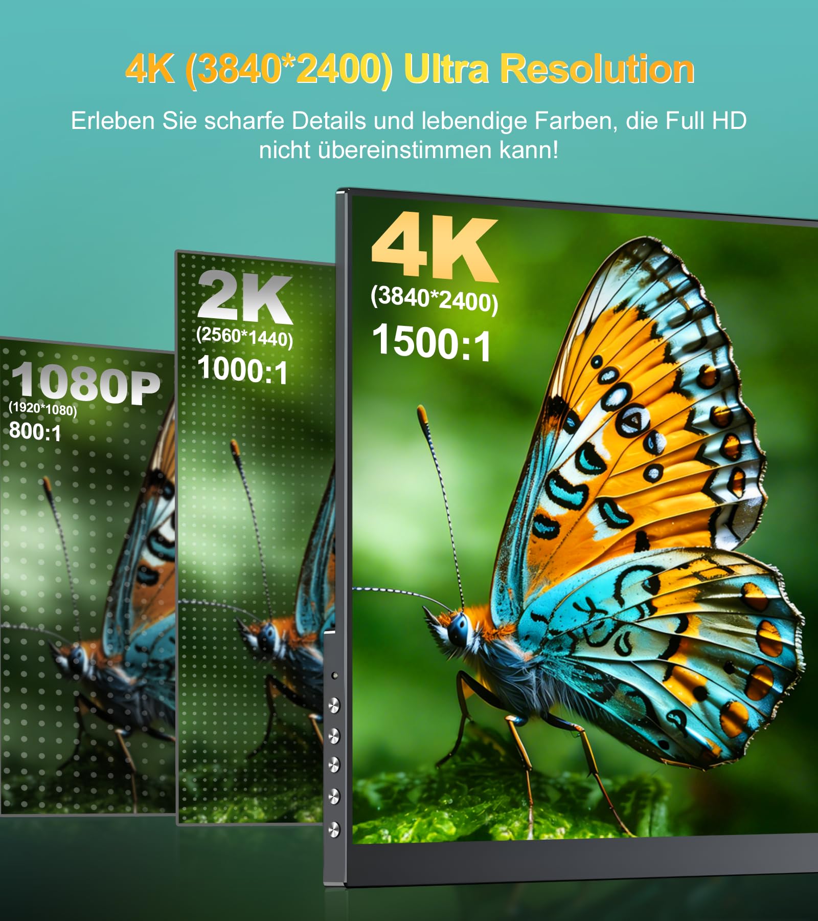 15,6 Zoll 4K UHD 3840 x 2400 Portable HDR Monitor, HDMI 2 USB-C Tragbarer Monitor mit 100% AdobesRGB 1500:1 Kontrast 100% NTSC Display für PC, Laptop, PS5/4, Xbox und Switch, VESA-kompatibel