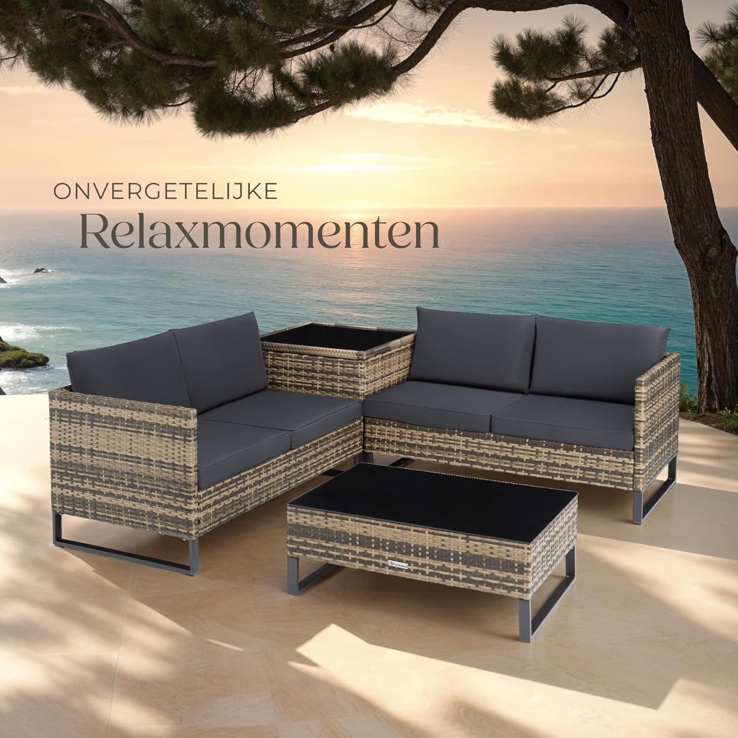 Diagram showing dimensions and components of the tectake Ostuni Rattan Garden Lounge Set