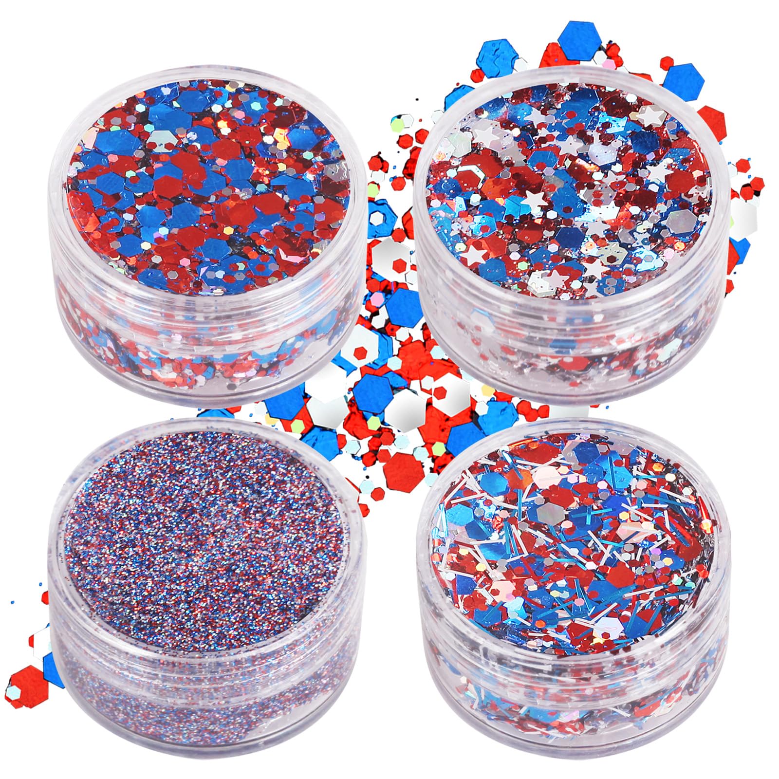 Paminify 4 Jars Red Blue White Hair Glitter,4th of July Body Face Glitter,USA Flag Star Patriotic Sparkle Makeup,Chunky Fourth of July Outfits for