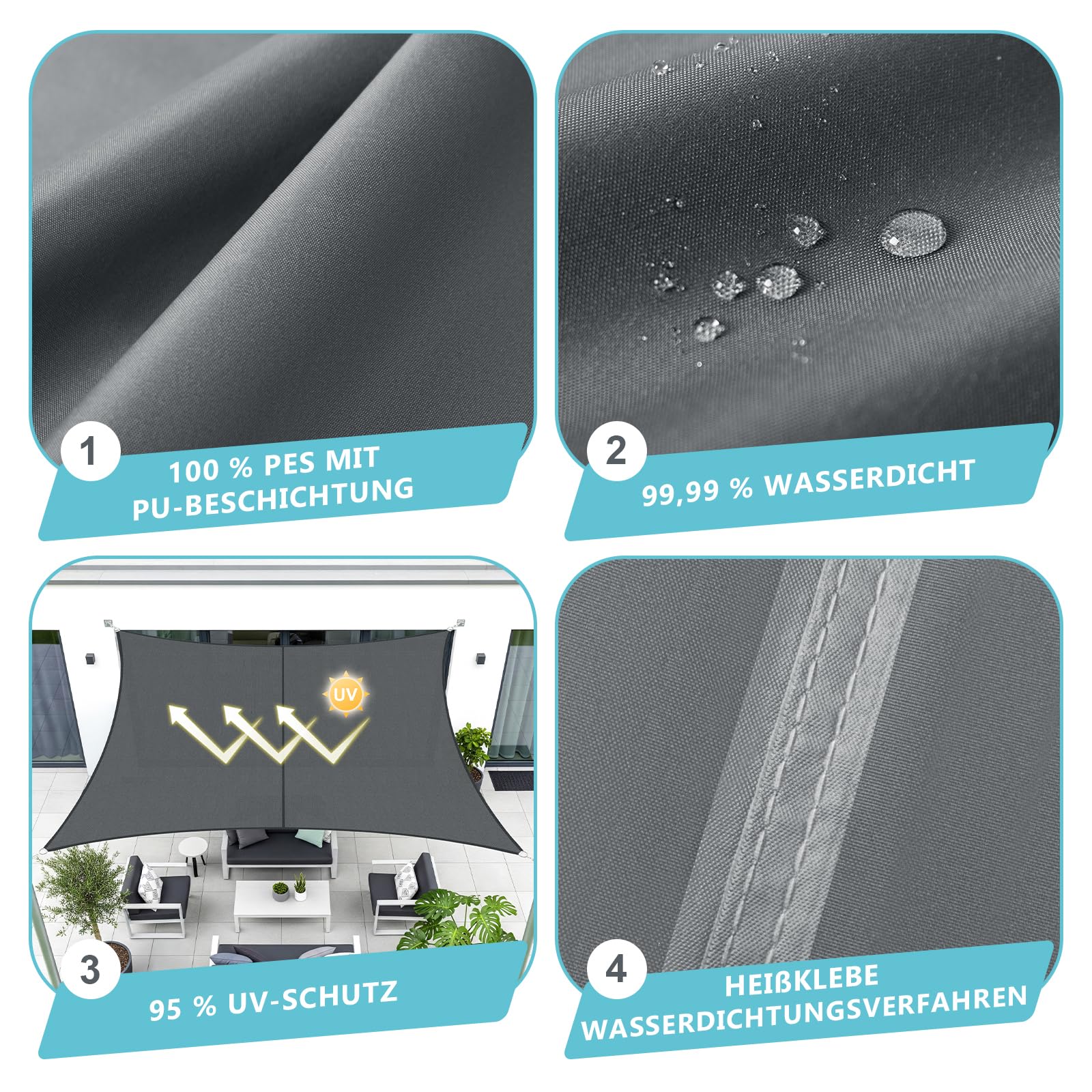 UMI Sonnensegel Wasserdicht 4x4x4m Dreieckig Sonnenschutz Wetterschutz PES Polyester Segel Baldachin 95% UV Schutz mit Seilen für Garten Balkon Terrasse- Anthrazit