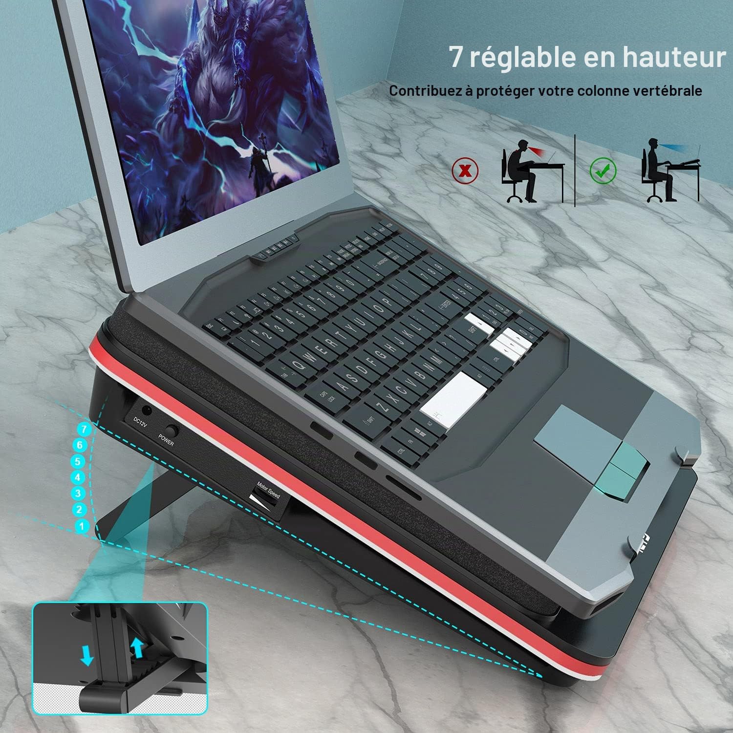 IETS GT500 Ventilateur turbo puissant 5000 tours/min pour ordinateur portable, mousse d'étanchéité pour refroidissement rapide, ordinateur portable de jeu 13 à 17.3" avec hub USB 3 ports