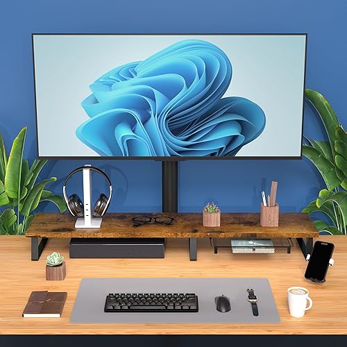 Miniatura 6 de Soporte elevador de escritorio para monitor doble, soporte de madera para 2 monitores, soporte de computadora con patas y cajón de metal,