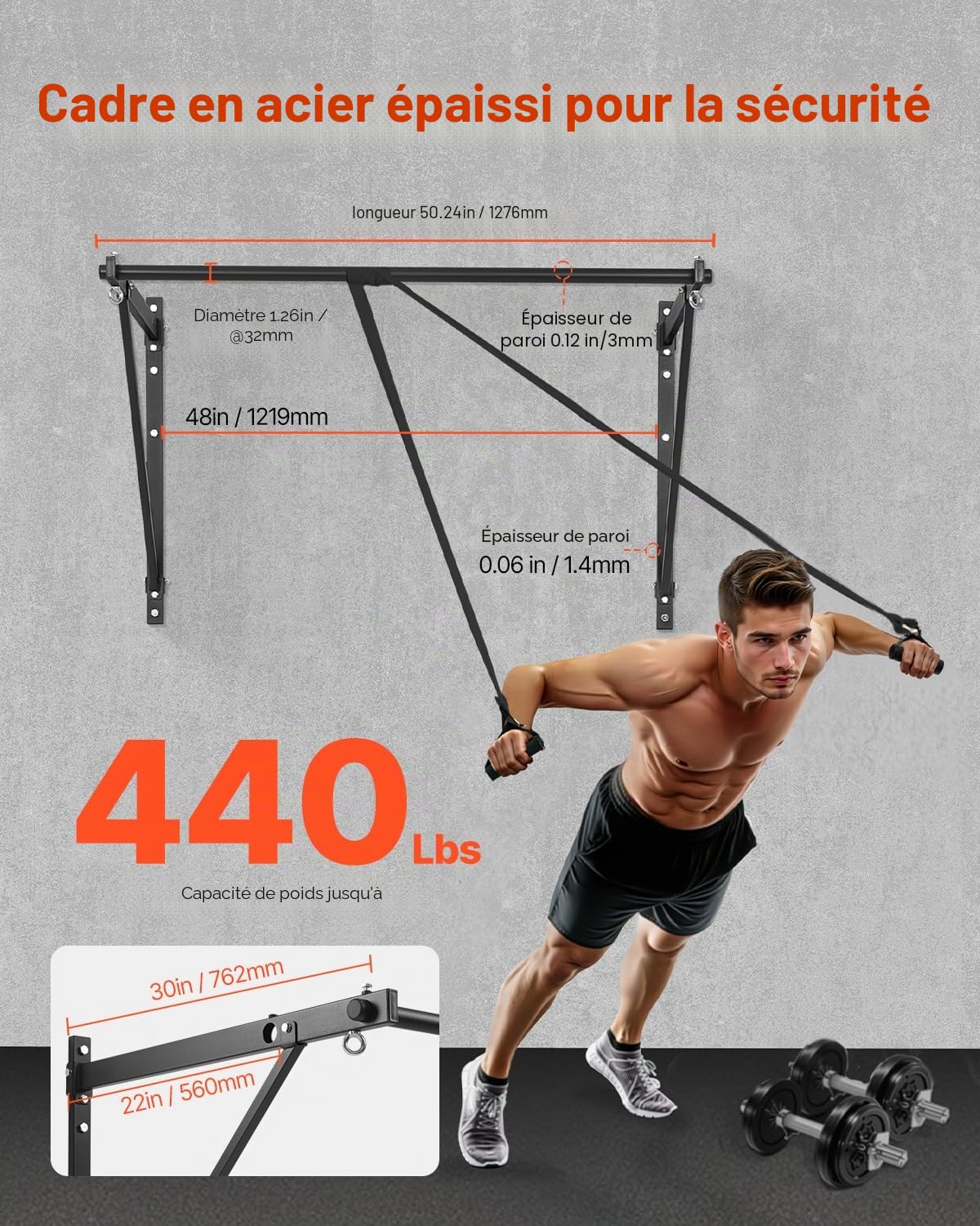 VEVOR Barre de traction, 1276 mm, barre de fitness murale, profondeur réglable de 55 ou 76 cm, en acier robuste, charge de 200 kg, station d'entraînement pour tractions, pour salle de sport à domicile
