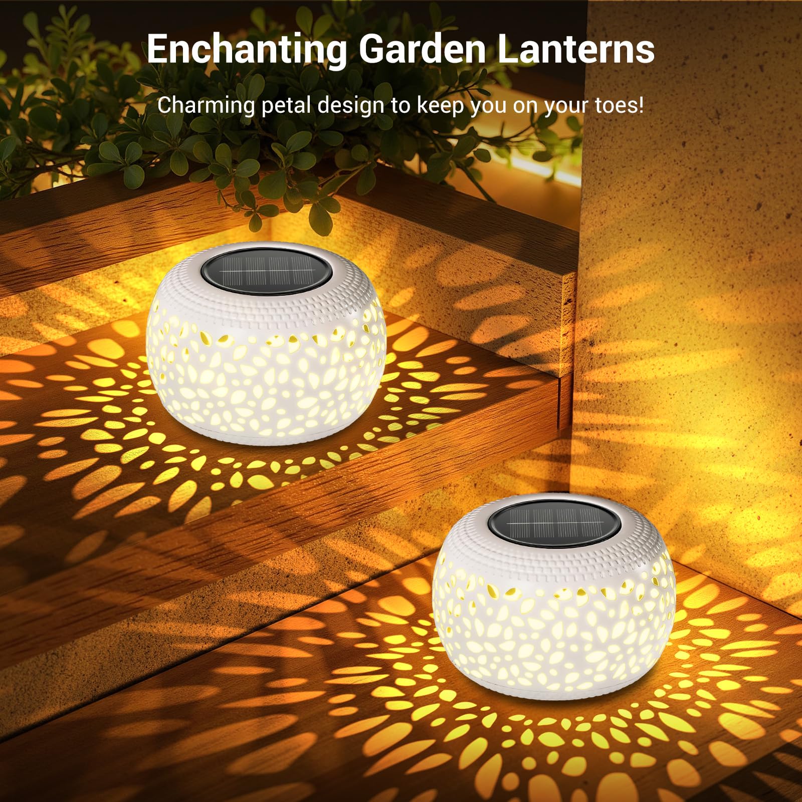 Faroles solares impermeables para exteriores: paquete de 2 luces de mesa de metal huecas blancas, exteriores, jardín, balcón, decoración de mesa interior, regalos de jardinería únicos para