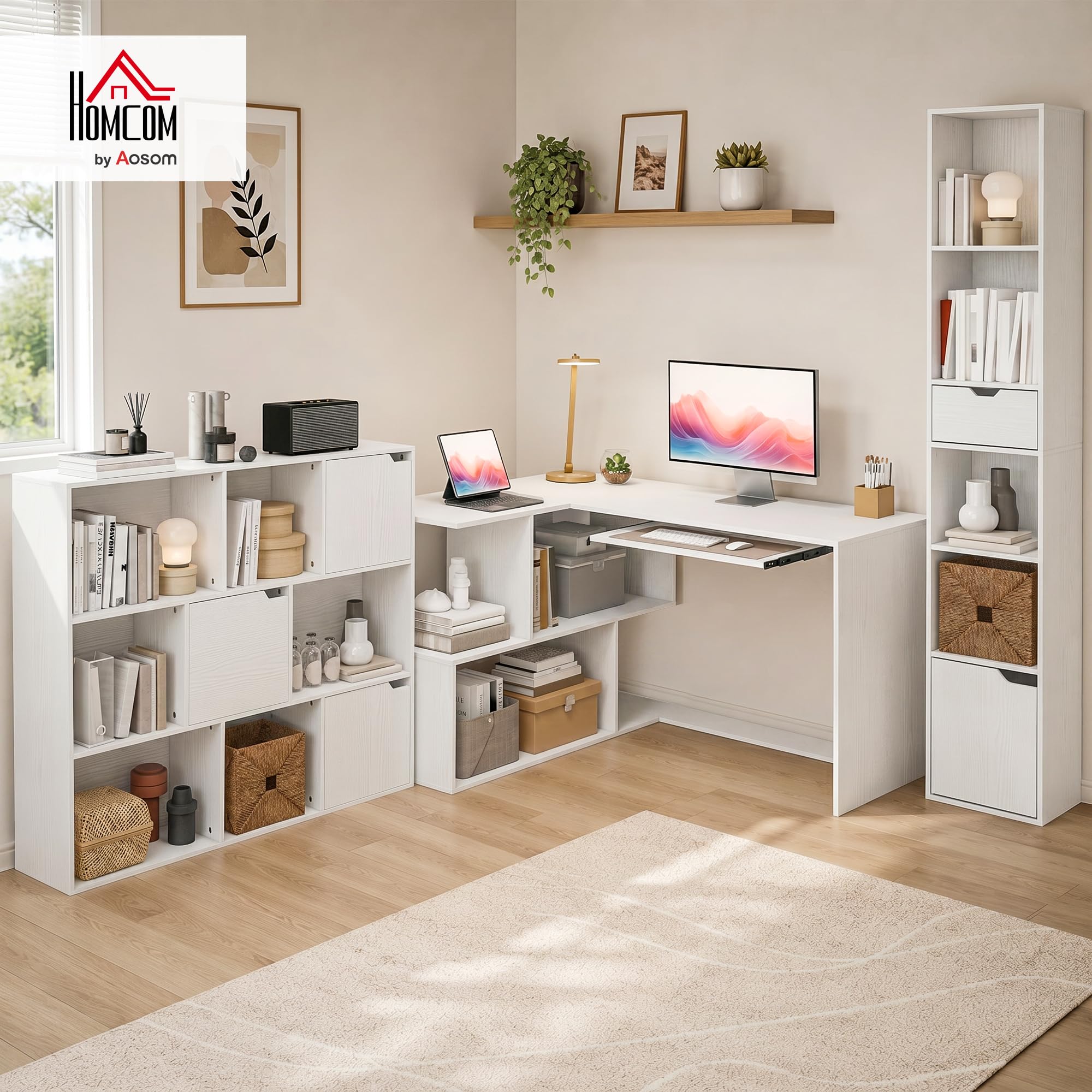 HOMCOM Bureau d'angle, Bibliothèques Basse Haute, Plateau Clavier, Blanc