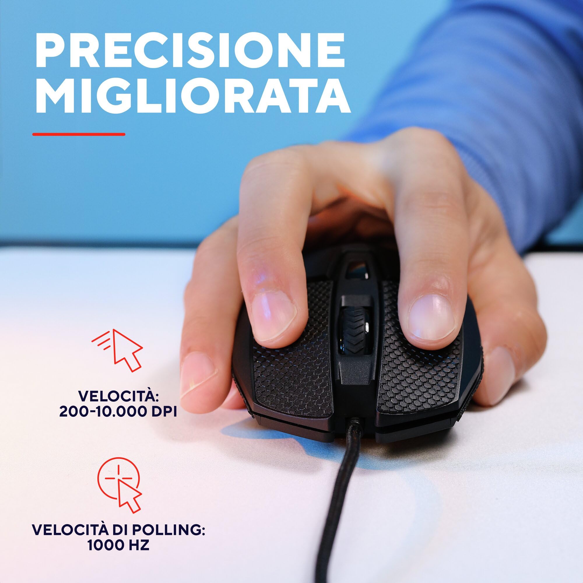 GXTrust 121 Felox+ Mouse Gaming con 6 Pulsanti Programmabili, 10000 DPI, USB 180 cm, Software Incluso, Illuminazione LED Multicolore, Mouse con Filo per PC, Portatile, Computer, Nero