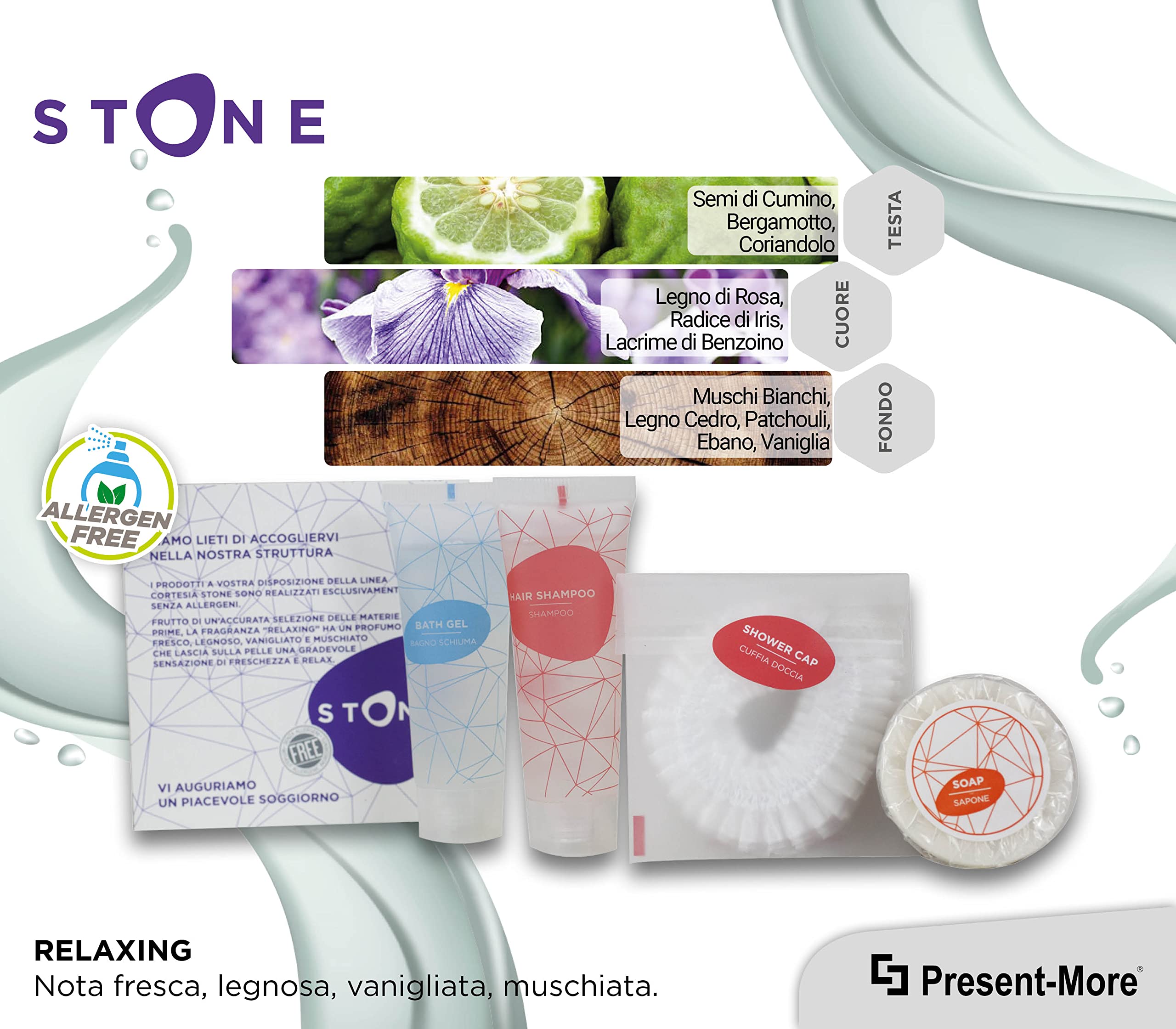 Present-More Amenities Kit Stone - Toilettenartikel 35 Gäste für Hotels und B&B | Allergenfreie Amenities Kit mit Duftnote Relaxing