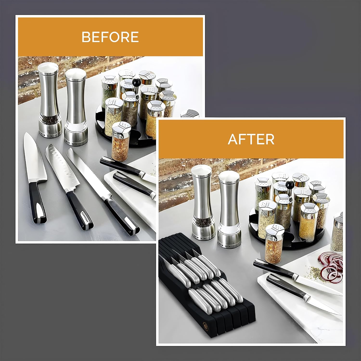 Knife Drawer Organizer, 16 Slot Bamboo In-Drawer Knife Block Without Knives