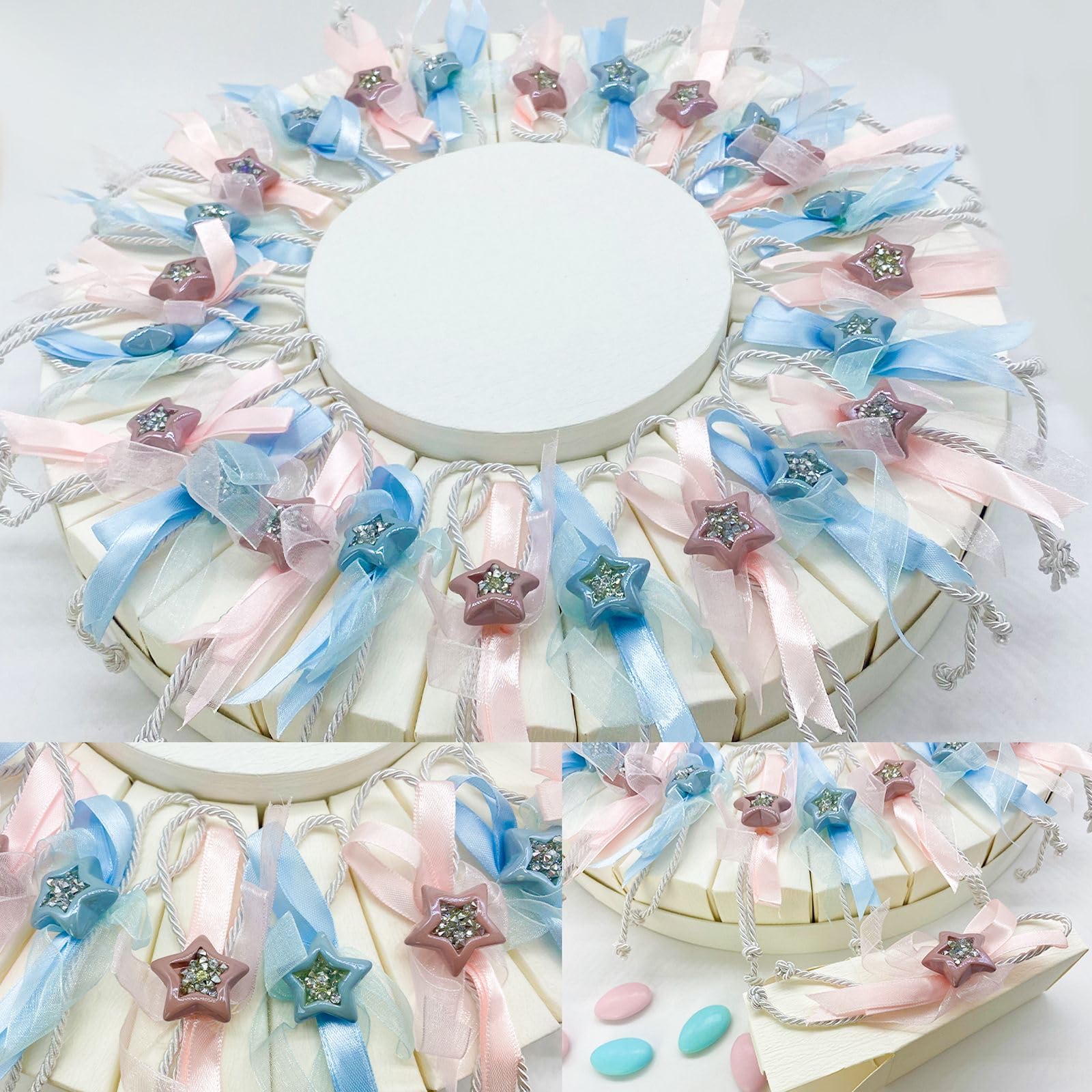 Doni Bomboniere Alzata in Cartone Bianco con sacchettini portaconfetti in 2 Colori, celesti e Rosa, con Applicazione Stella in Resina. Bomboniera per Nascita, Battesimo per Gemelli (MF - 18 pz)