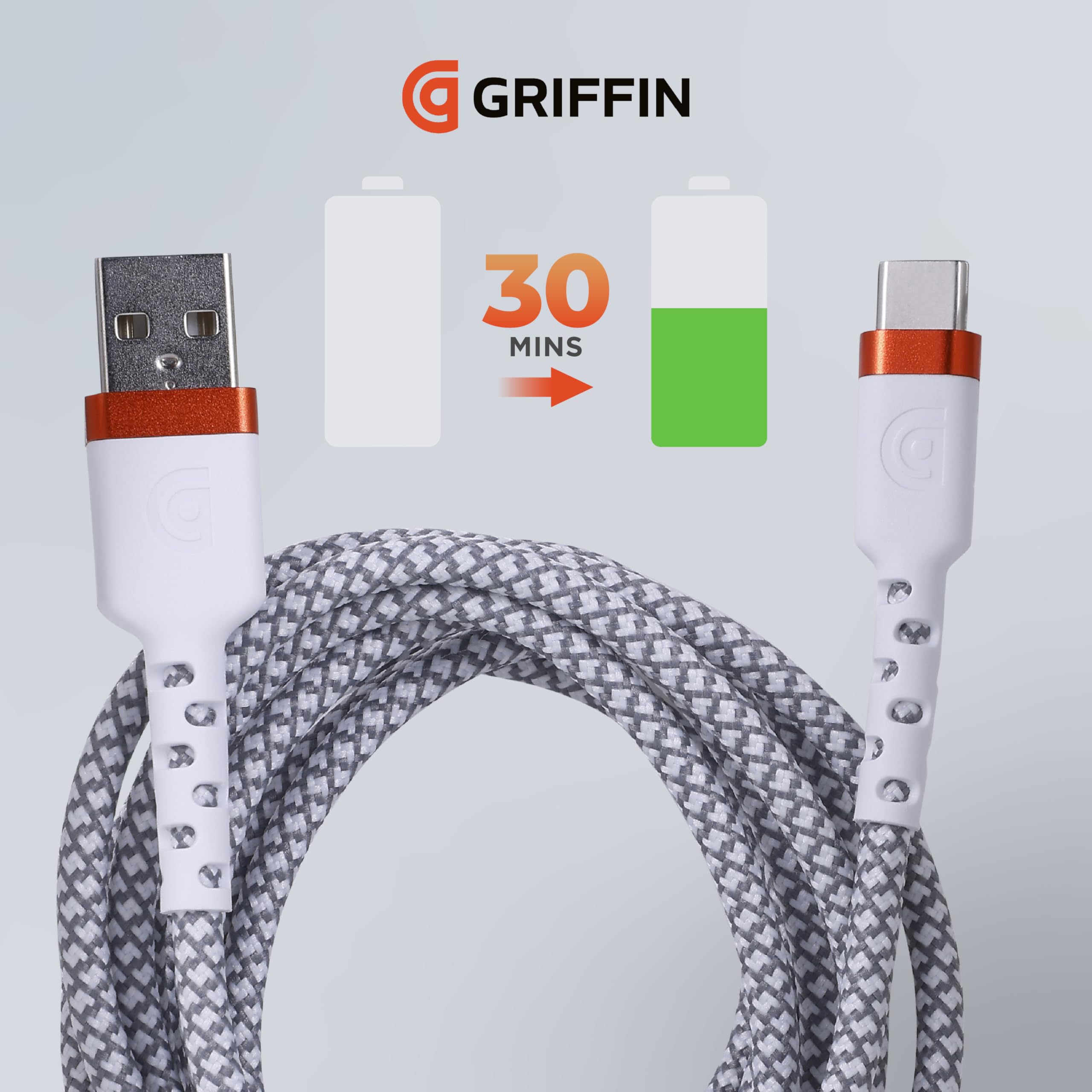 Griffin Cavo da USB-C a USB-A, cavo di ricarica rapida con treccia a 48 mandrini, teste in alluminio, durata di 30.000 piegature, cavo di ricarica rapida durevole